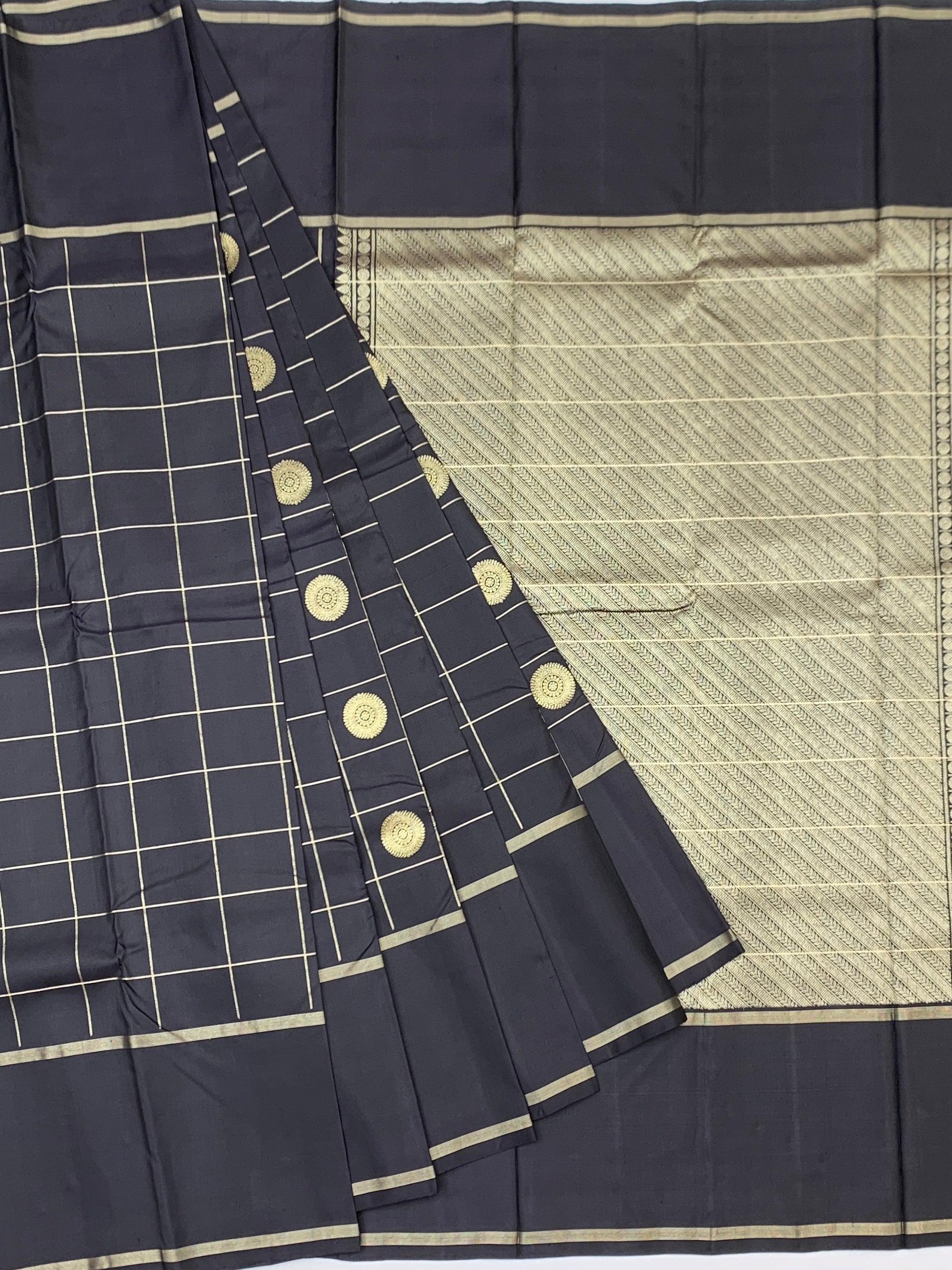 Charcoal Black Kanjeevaram Silk Saree with Geometric Zari Checks