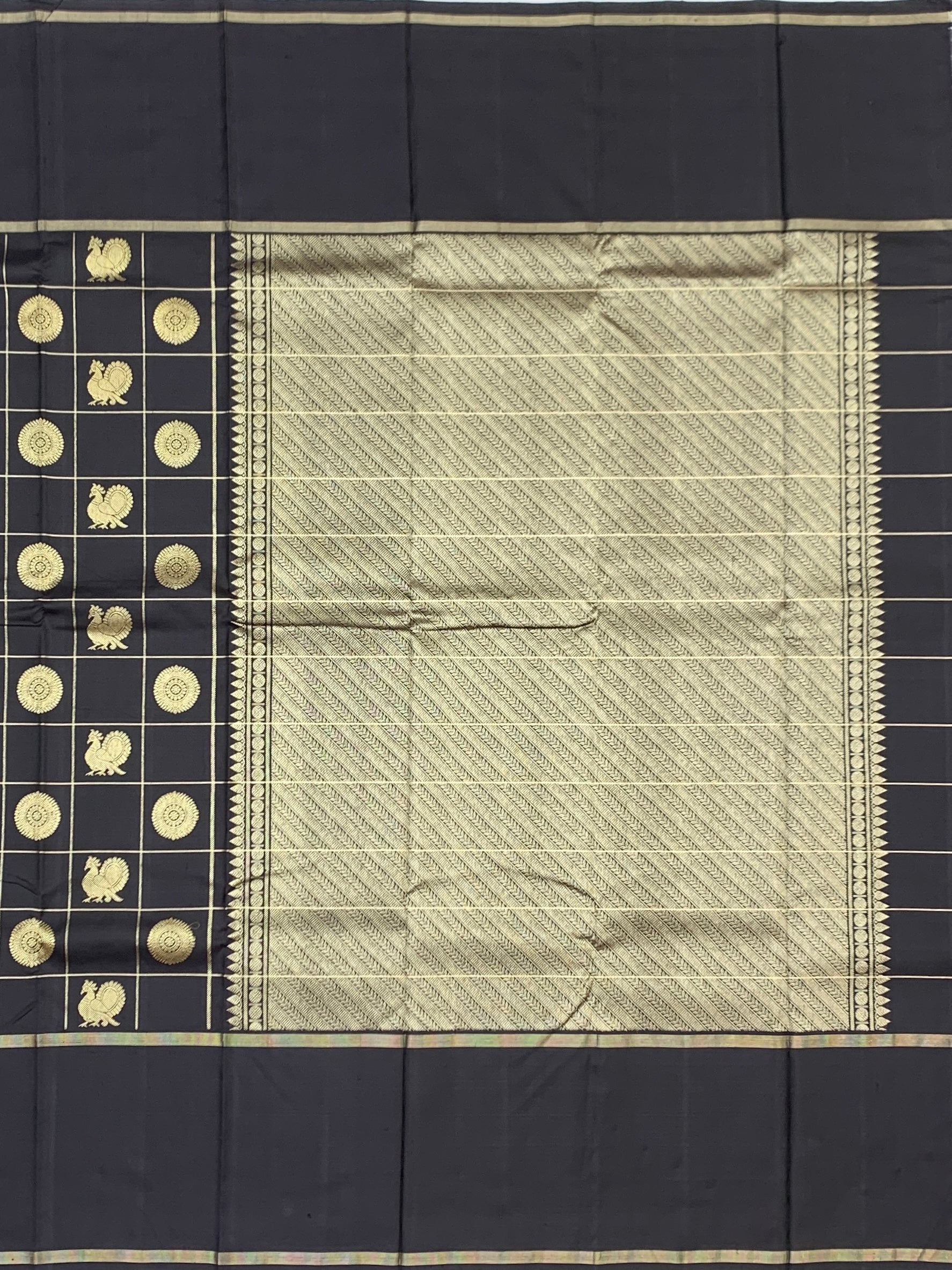 Charcoal Black Kanjeevaram Silk Saree with Geometric Zari Checks