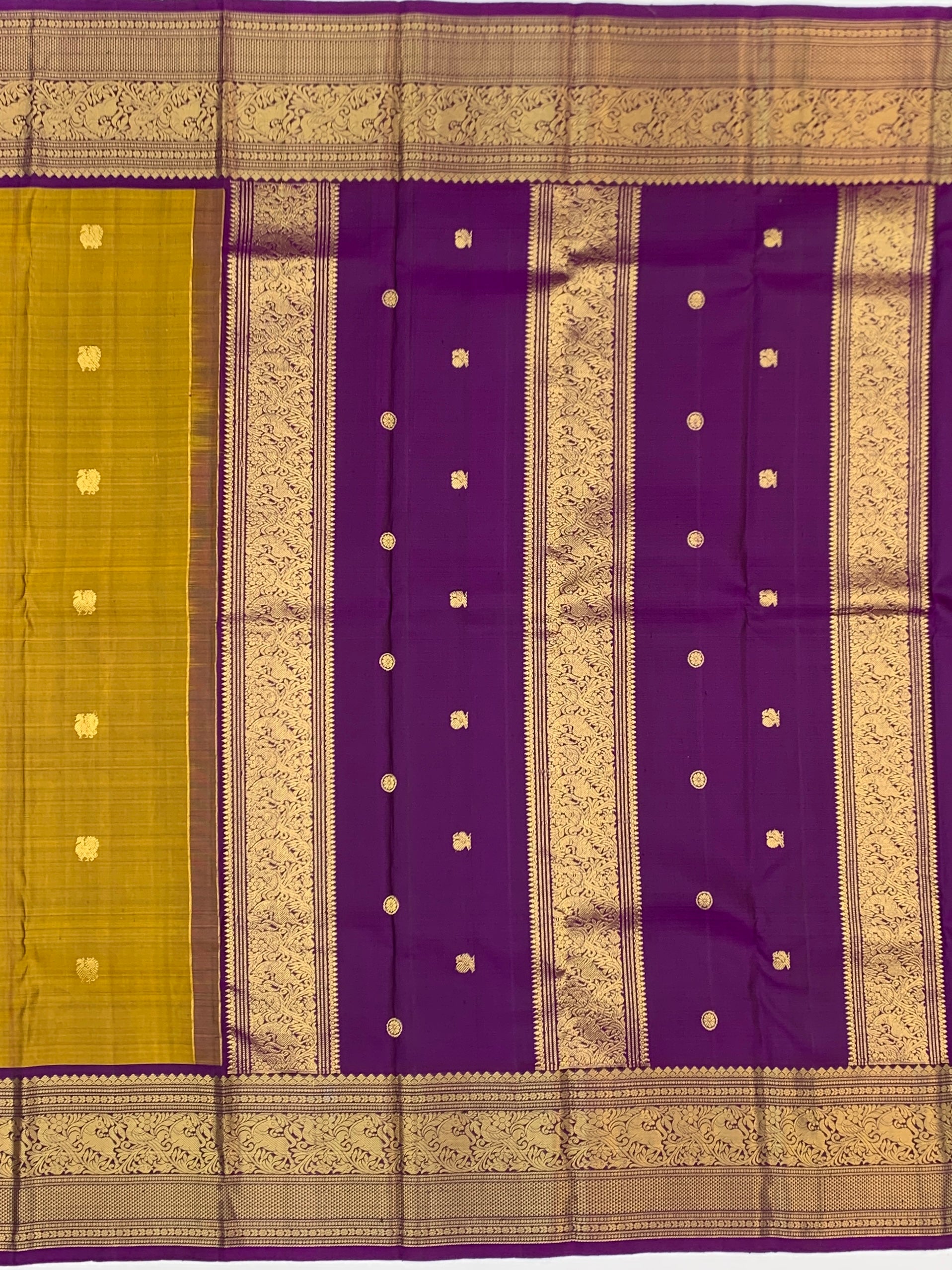 Mustard Yellow and Purple Pure Kanjeevaram Silk Saree