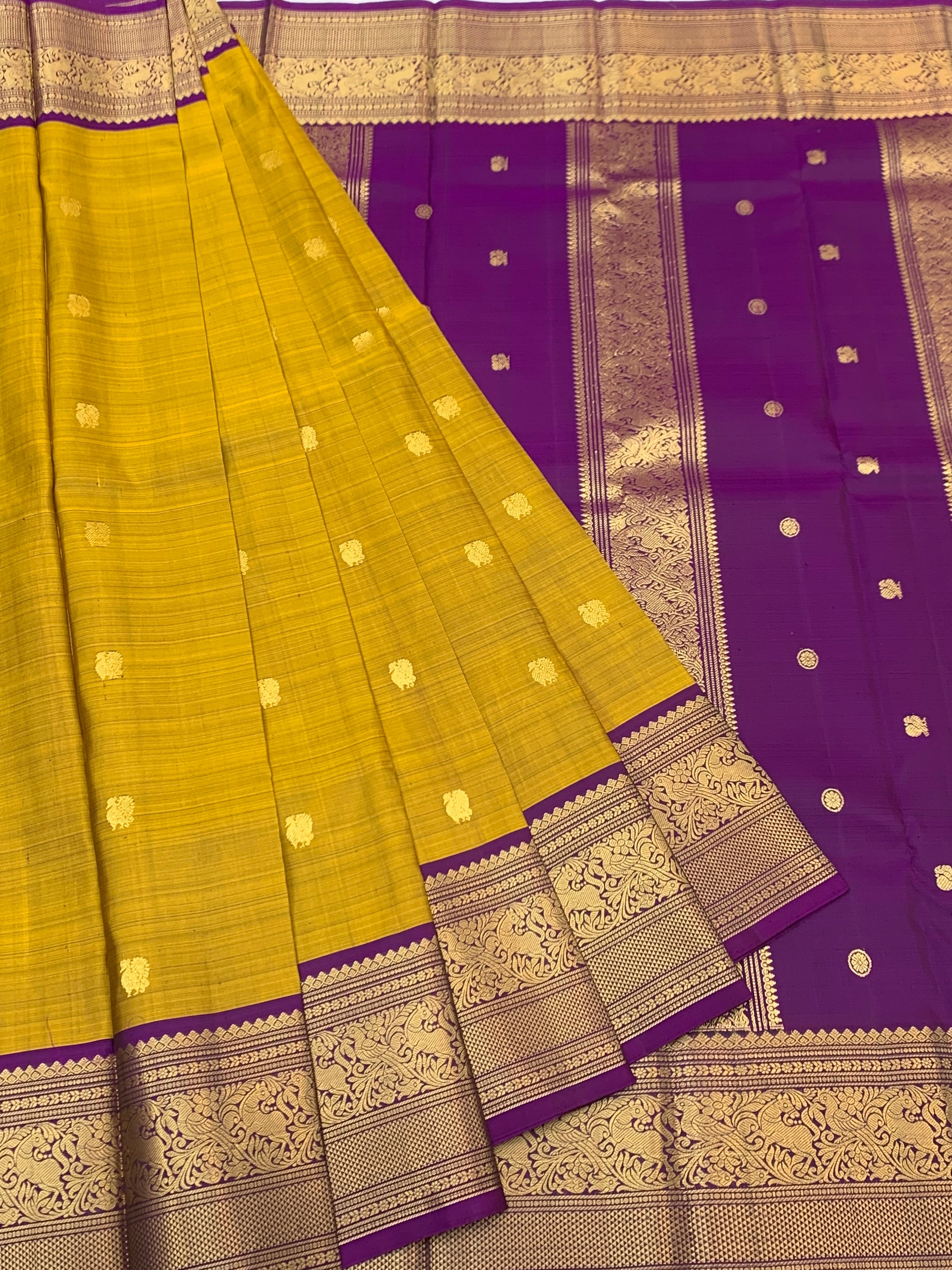 Mustard Yellow and Purple Pure Kanjeevaram Silk Saree