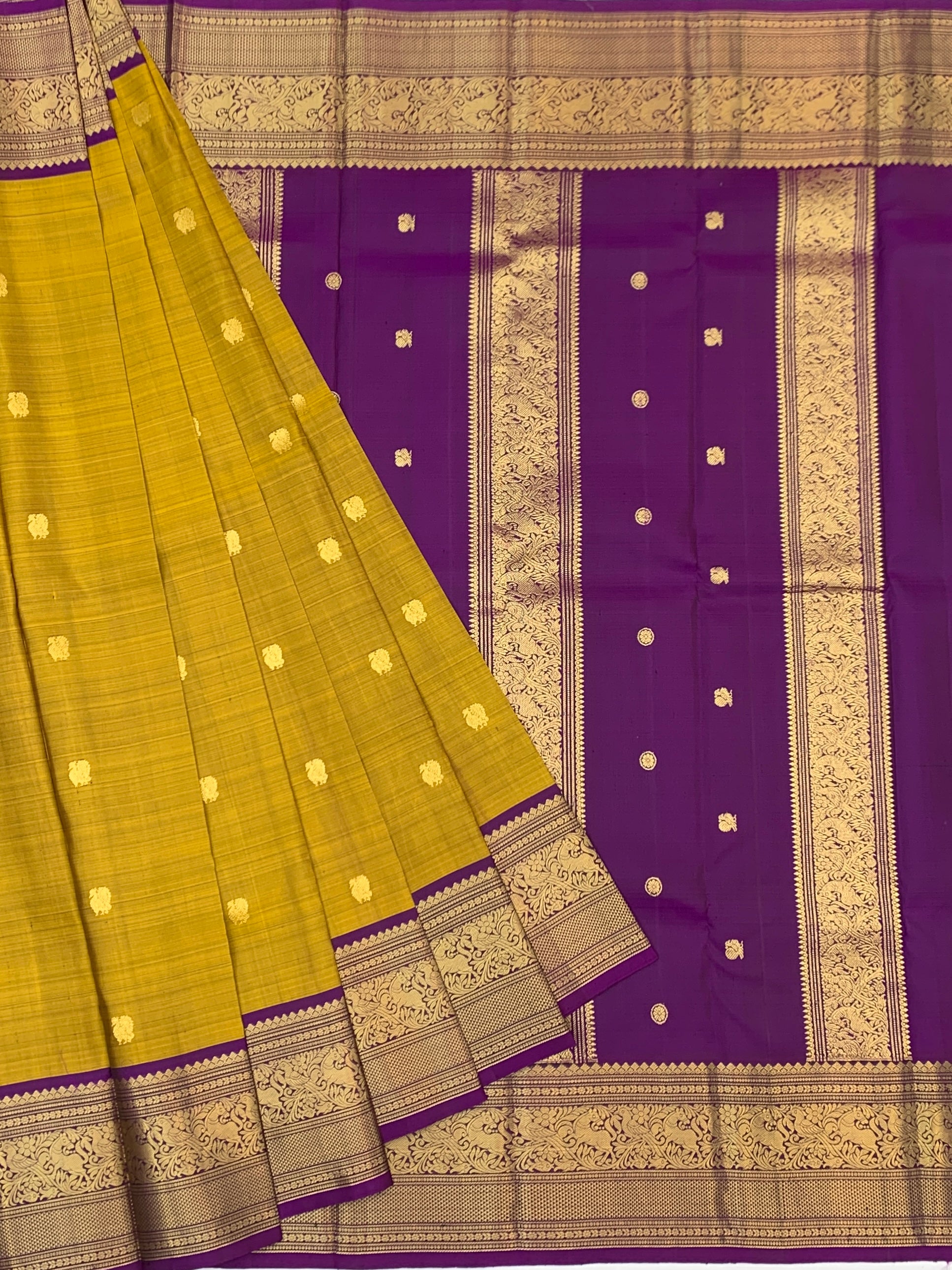 Mustard Yellow and Purple Pure Kanjeevaram Silk Saree