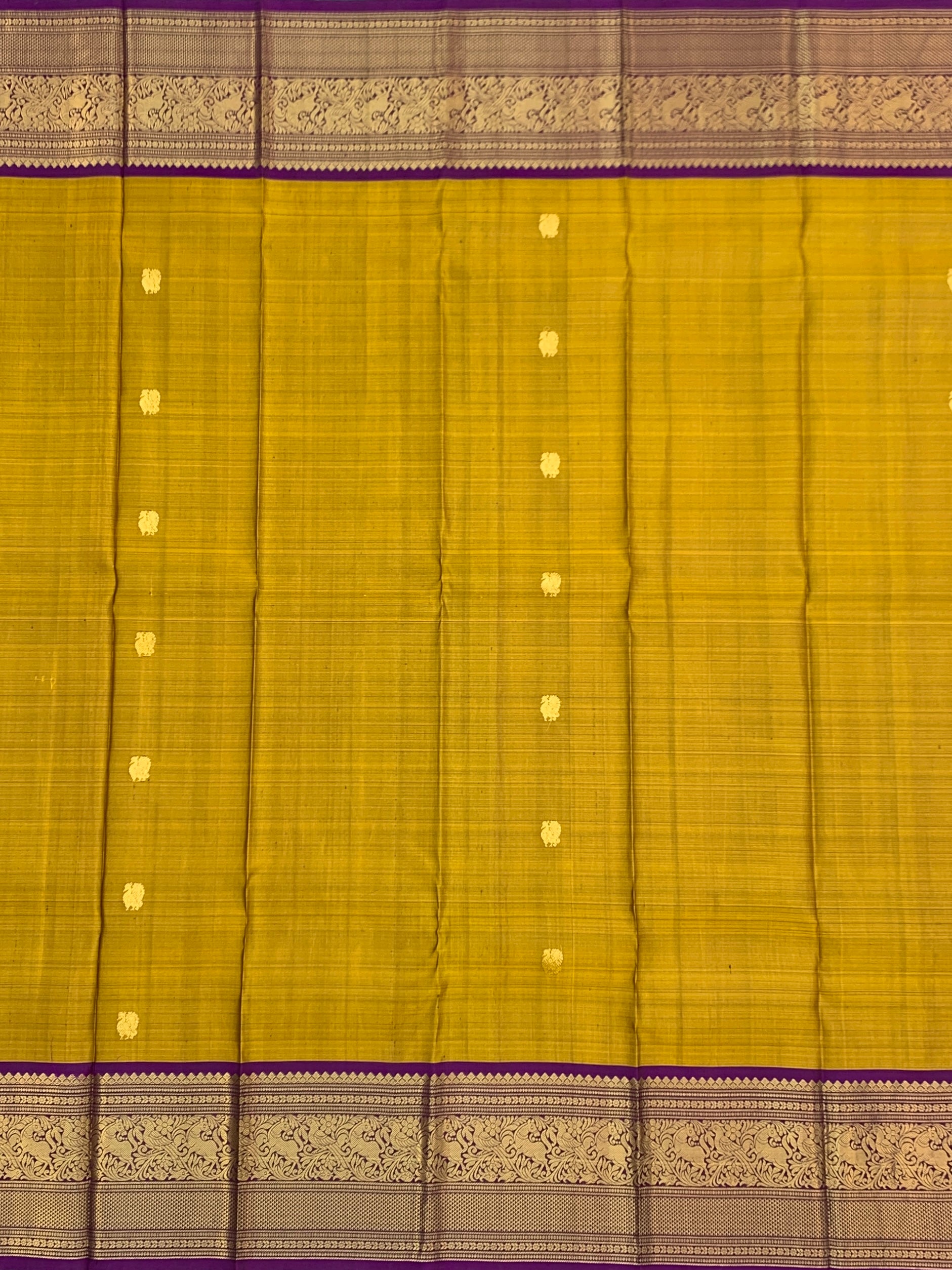 Mustard Yellow and Purple Pure Kanjeevaram Silk Saree