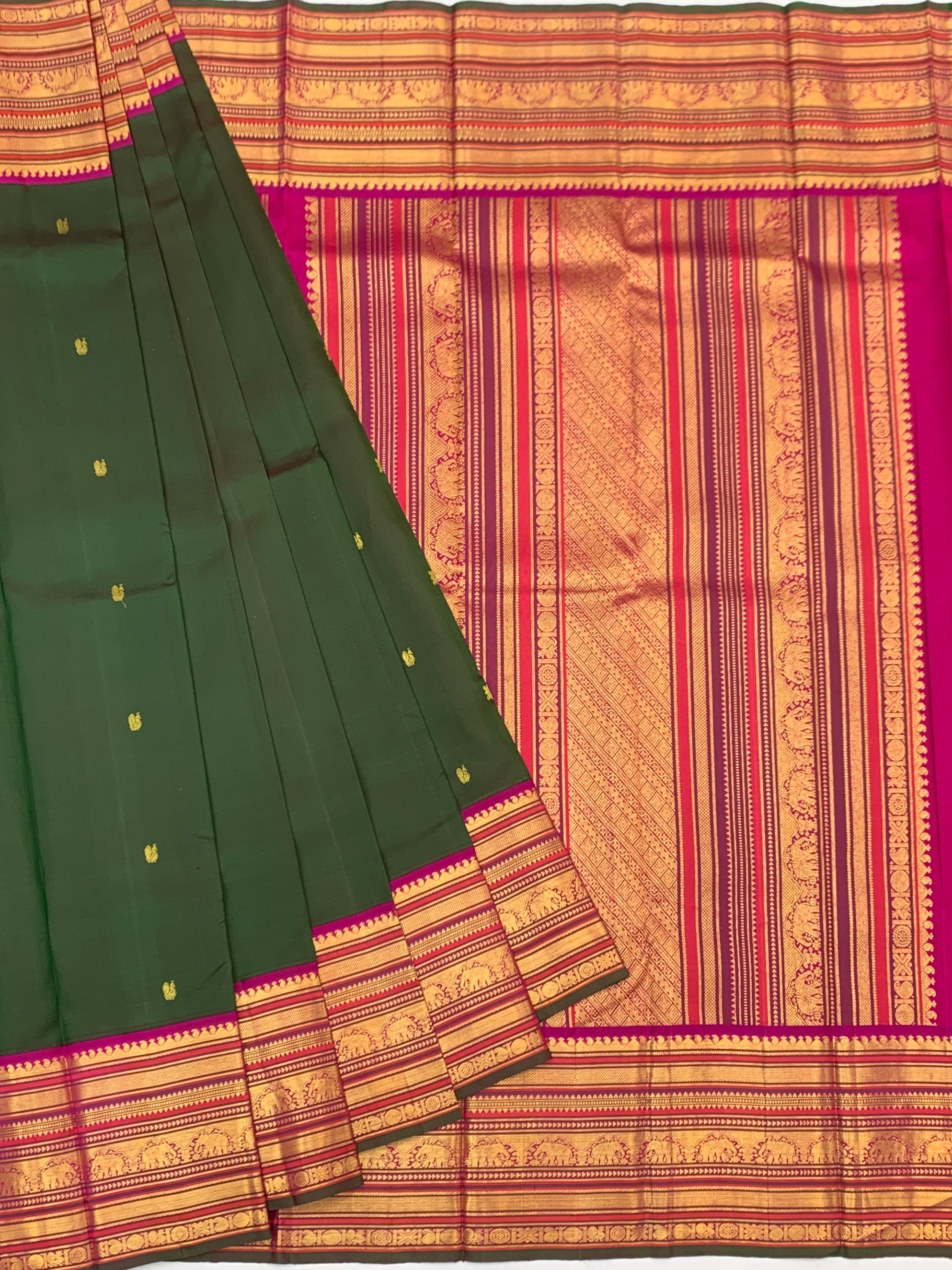 Exquisite Bottle Green and Rani Pink Kanjeevaram Silk Saree