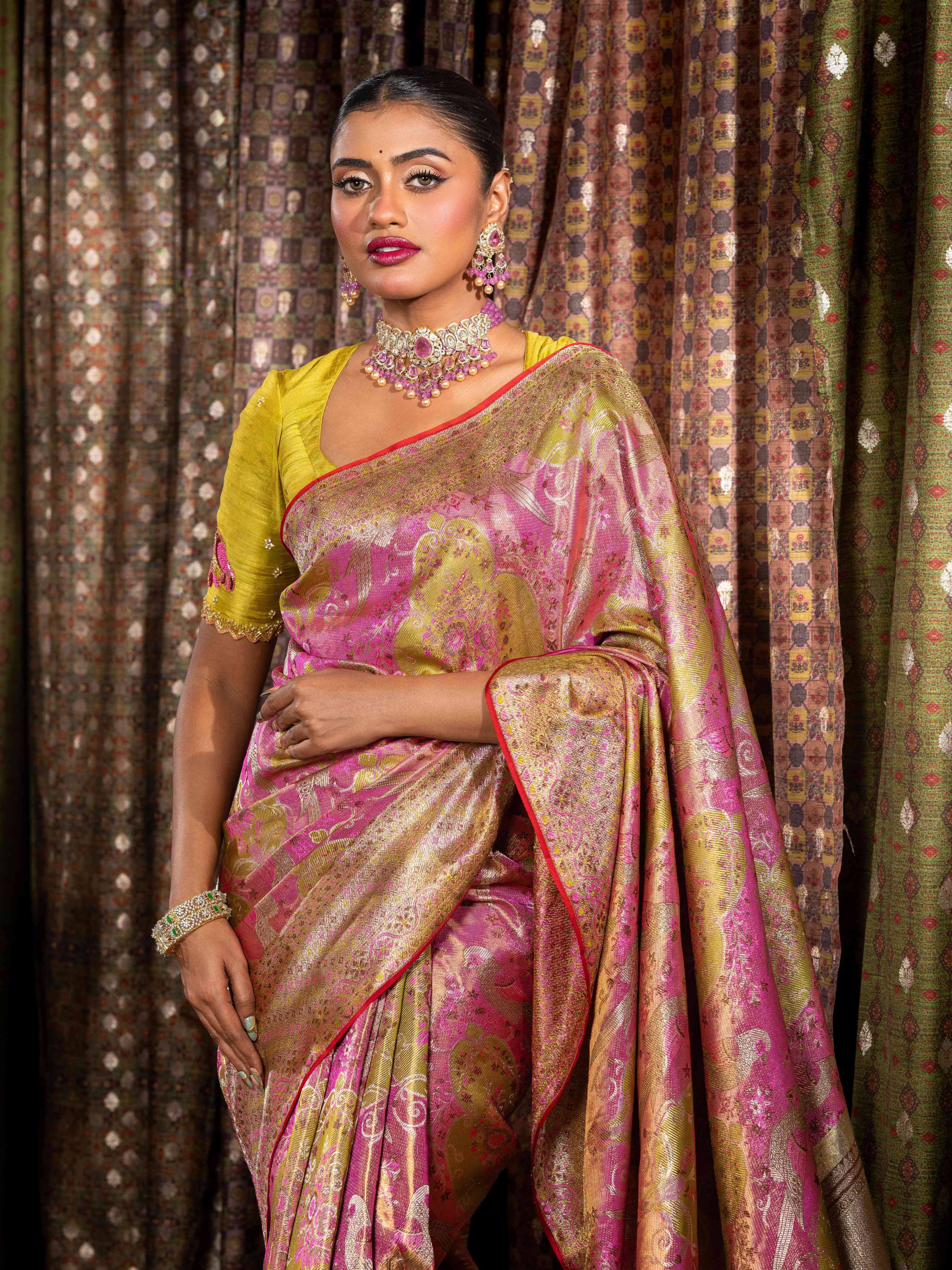 Rose Pink & Gold Tissue Kanjeevaram Silk Saree with Parrot Motifs