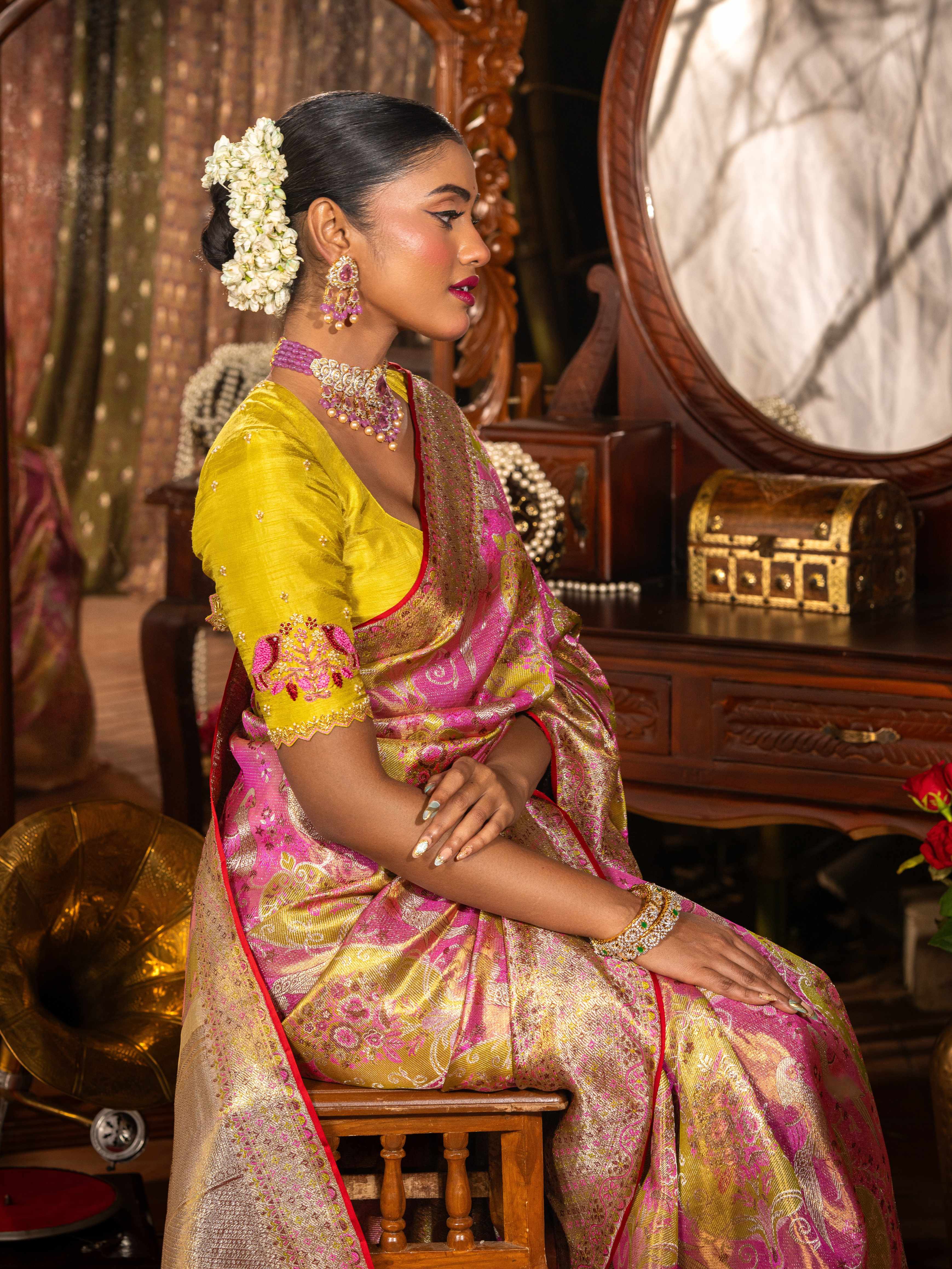 Rose Pink & Gold Tissue Kanjeevaram Silk Saree with Parrot Motifs