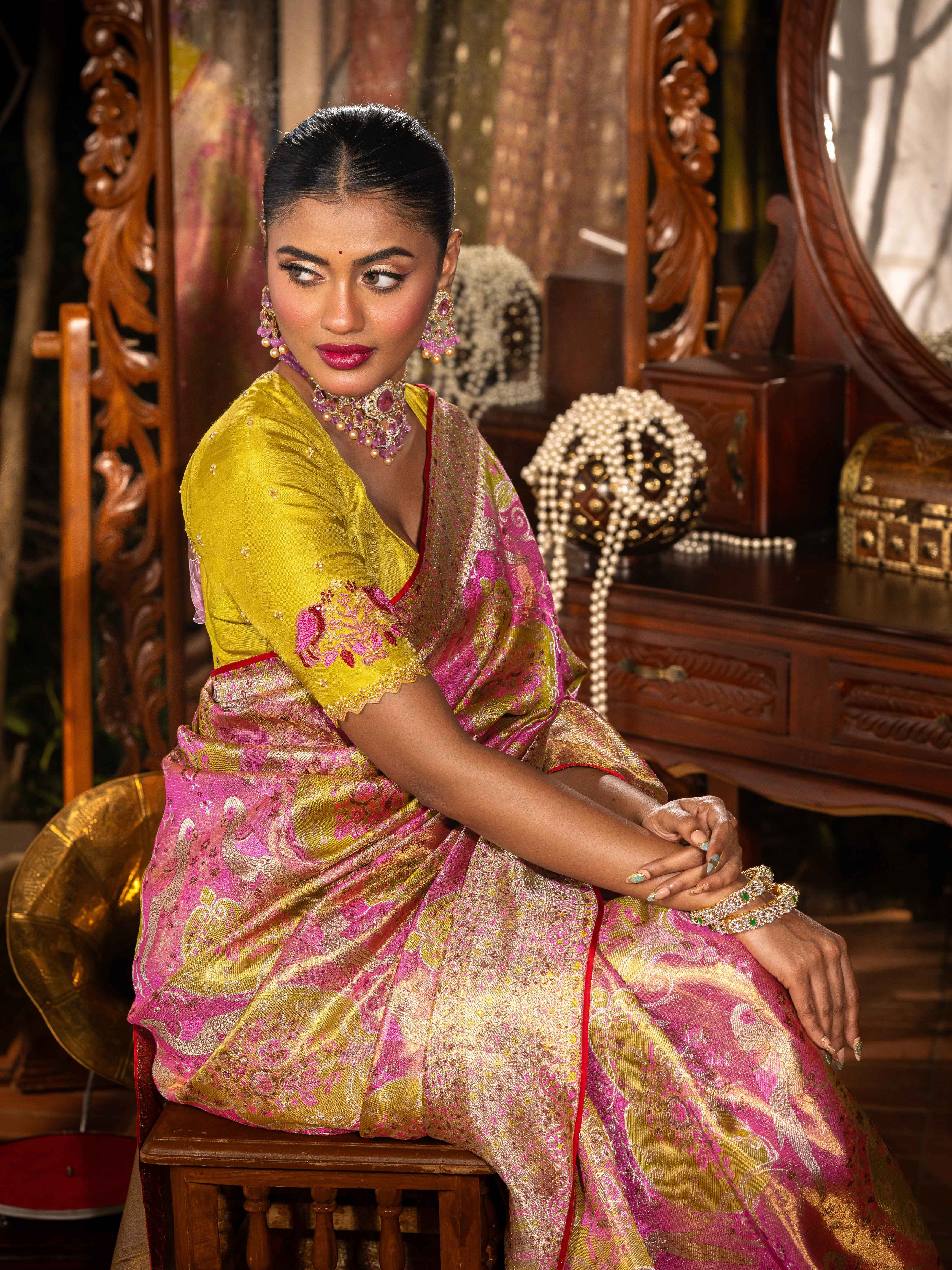 Rose Pink & Gold Tissue Kanjeevaram Silk Saree with Parrot Motifs