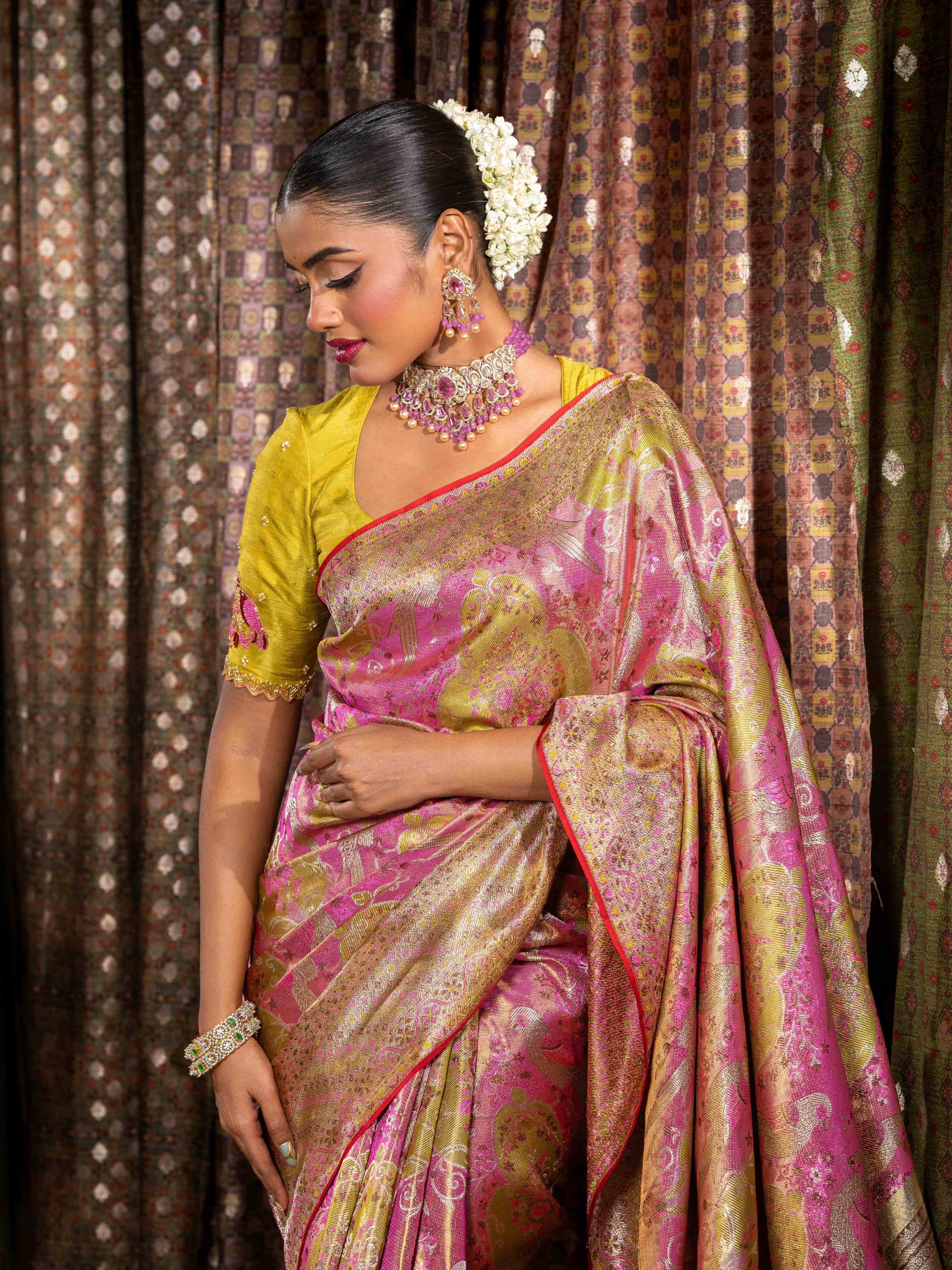 Rose Pink & Gold Tissue Kanjeevaram Silk Saree with Parrot Motifs