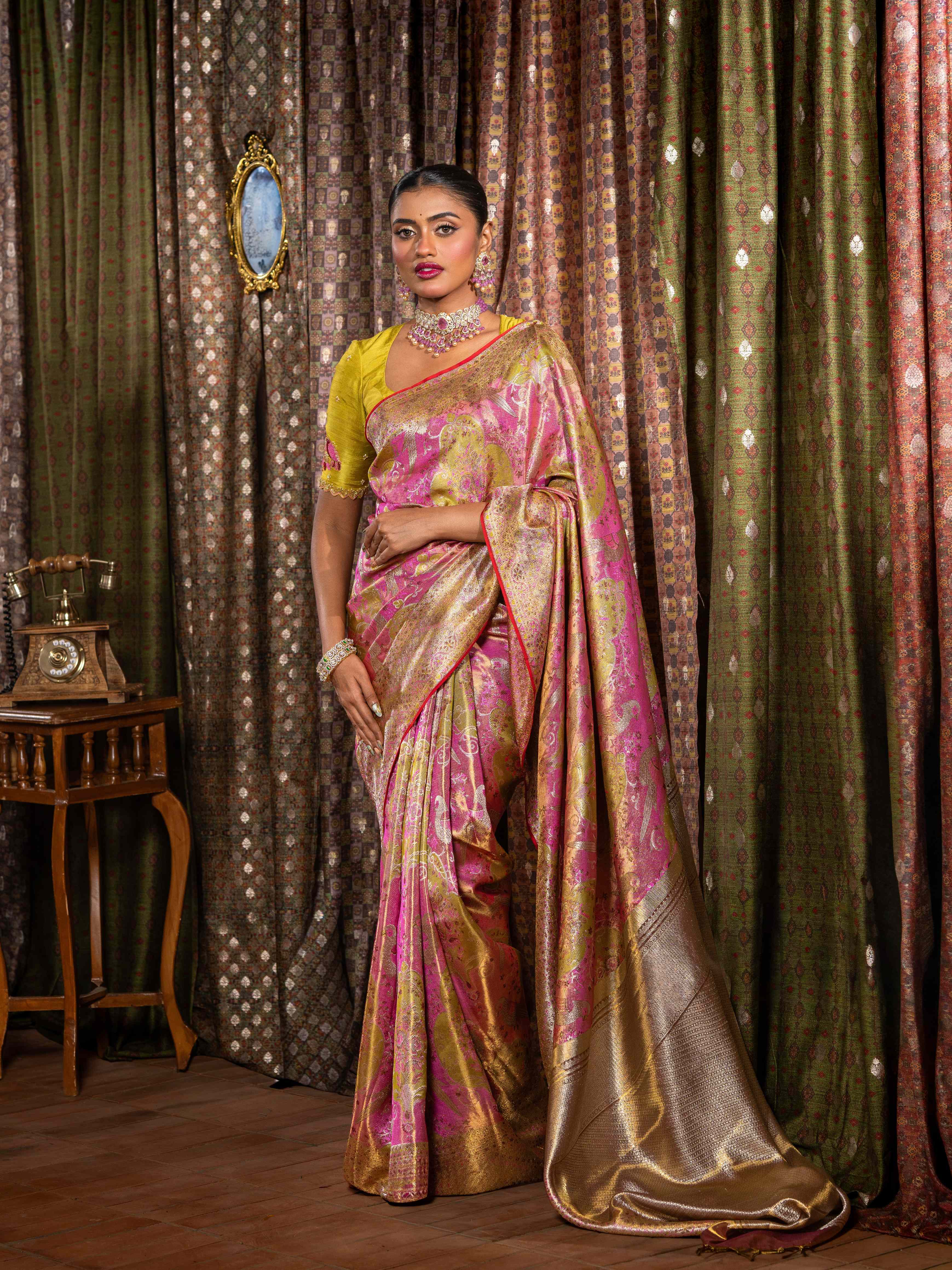 Rose Pink & Gold Tissue Kanjeevaram Silk Saree with Parrot Motifs