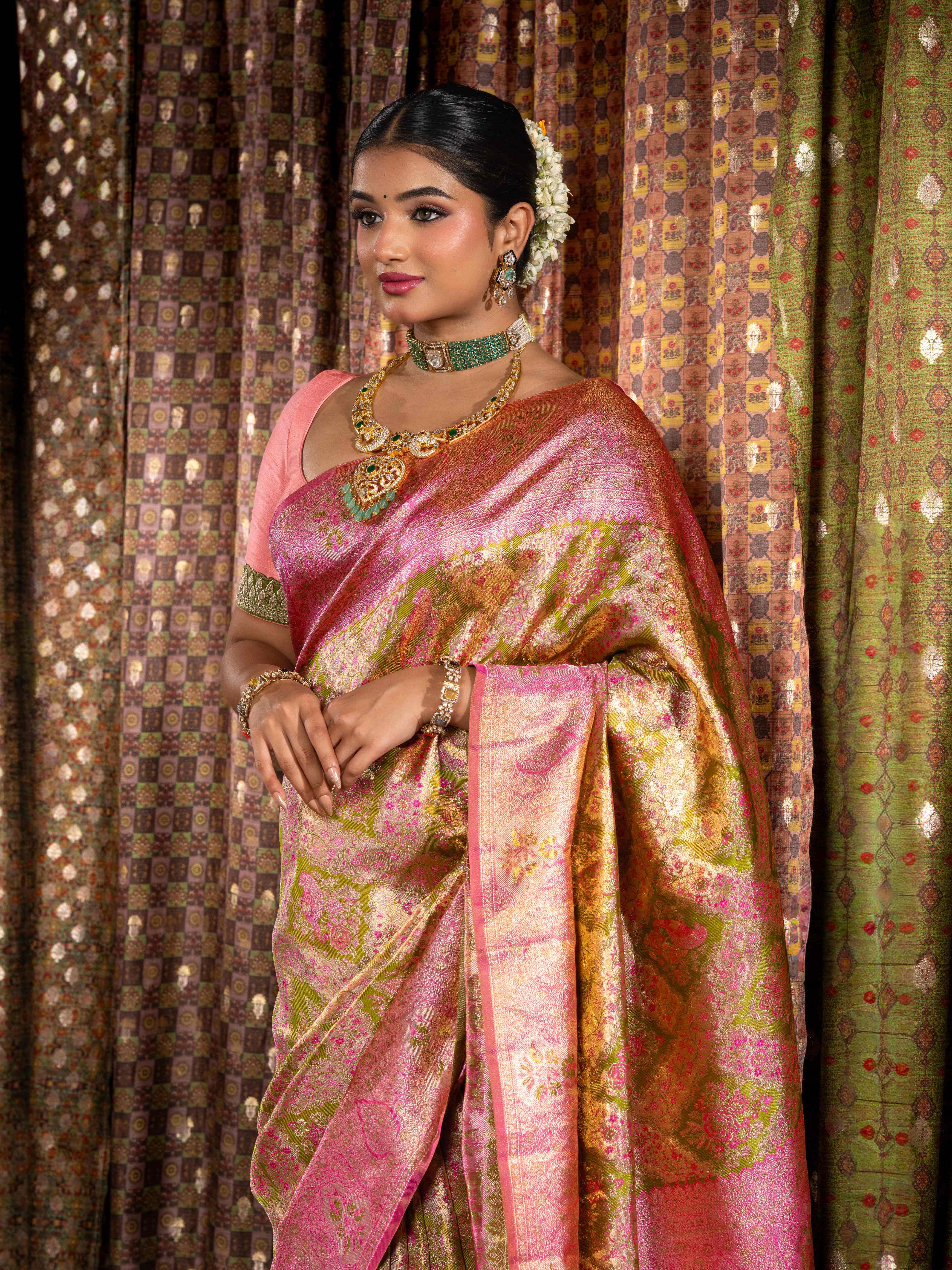 Exquisite Olive Green & Pink Tissue Kanjeevaram Silk Saree