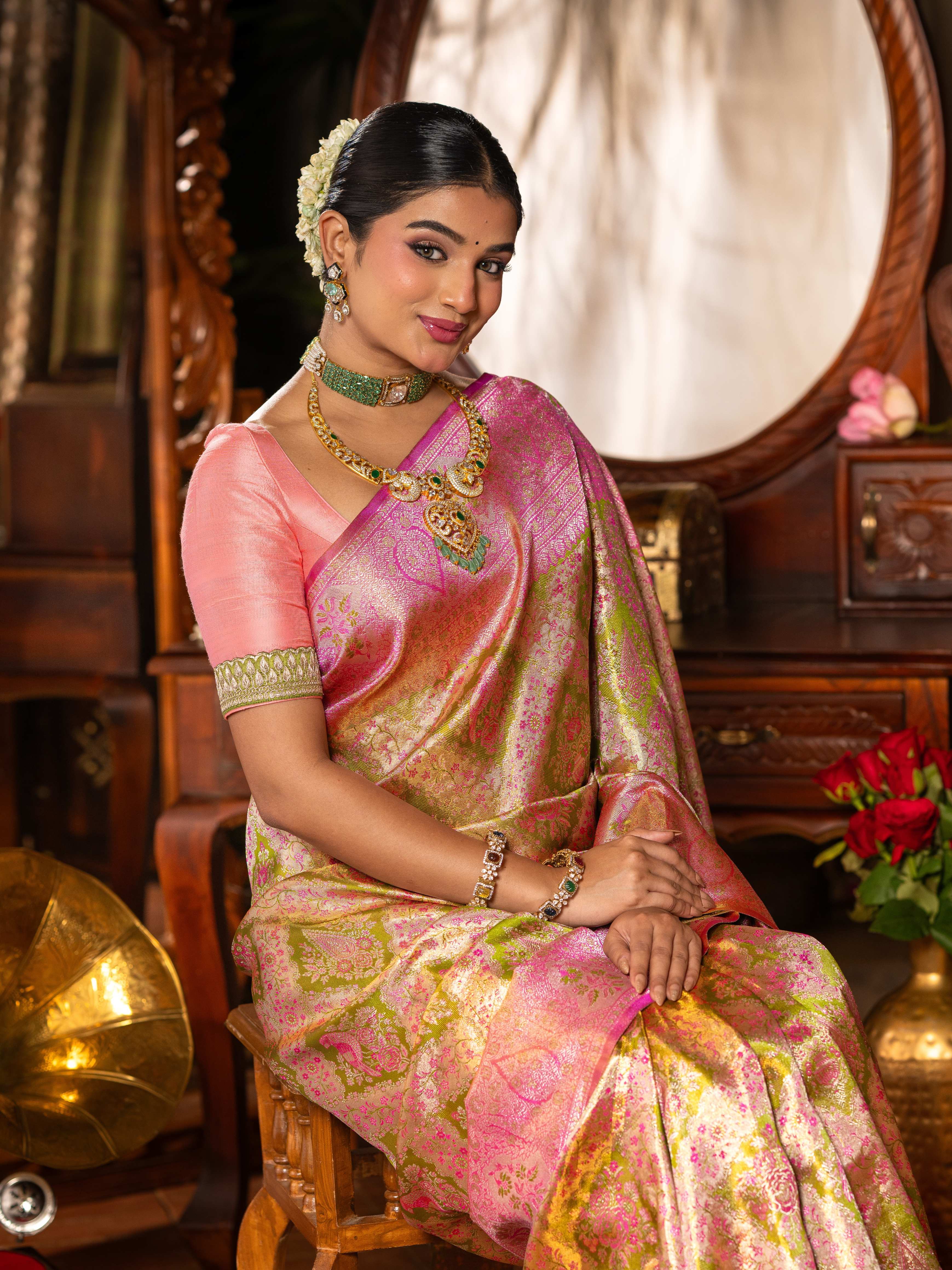 Exquisite Olive Green & Pink Tissue Kanjeevaram Silk Saree
