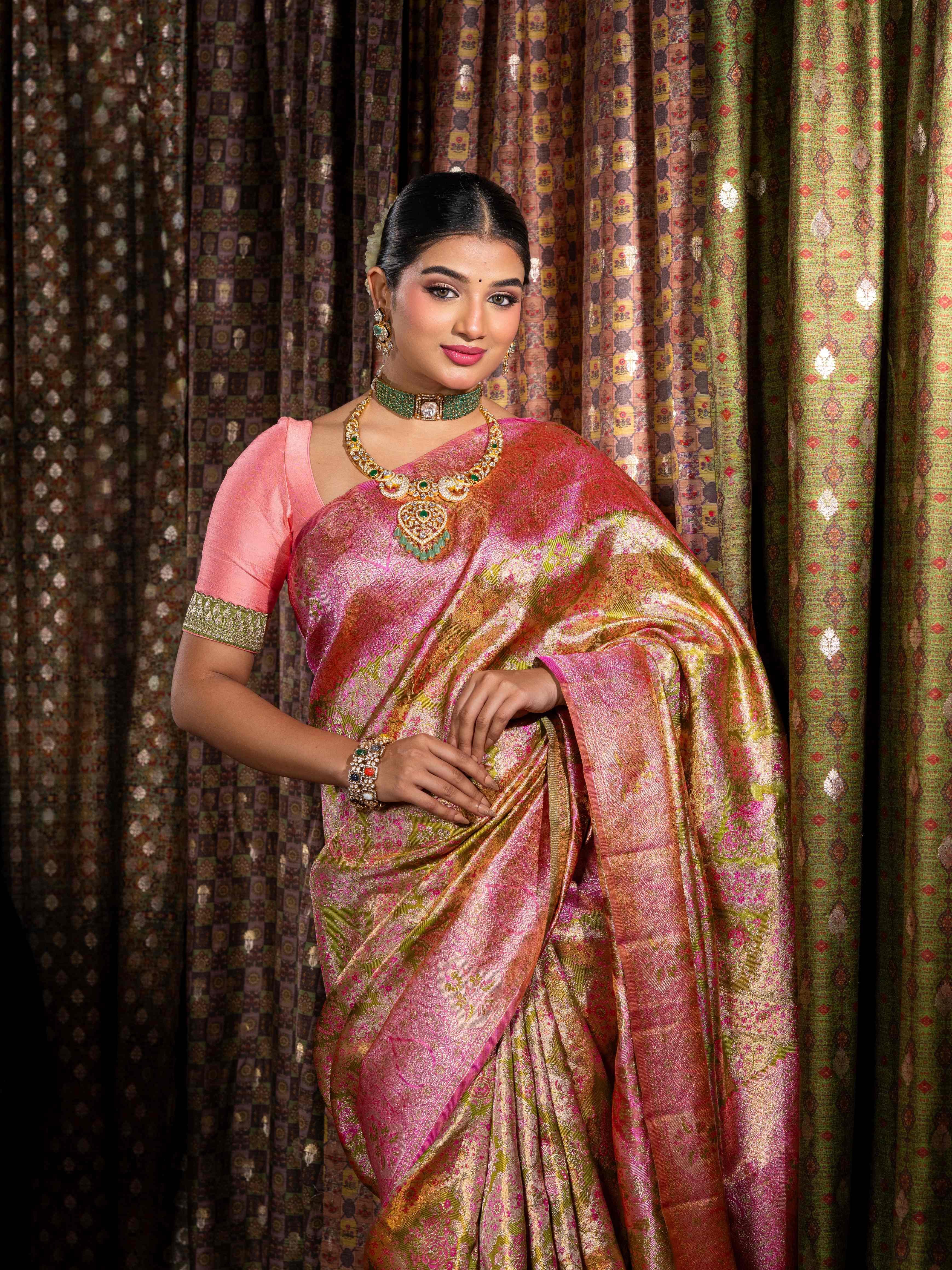 Exquisite Olive Green & Pink Tissue Kanjeevaram Silk Saree