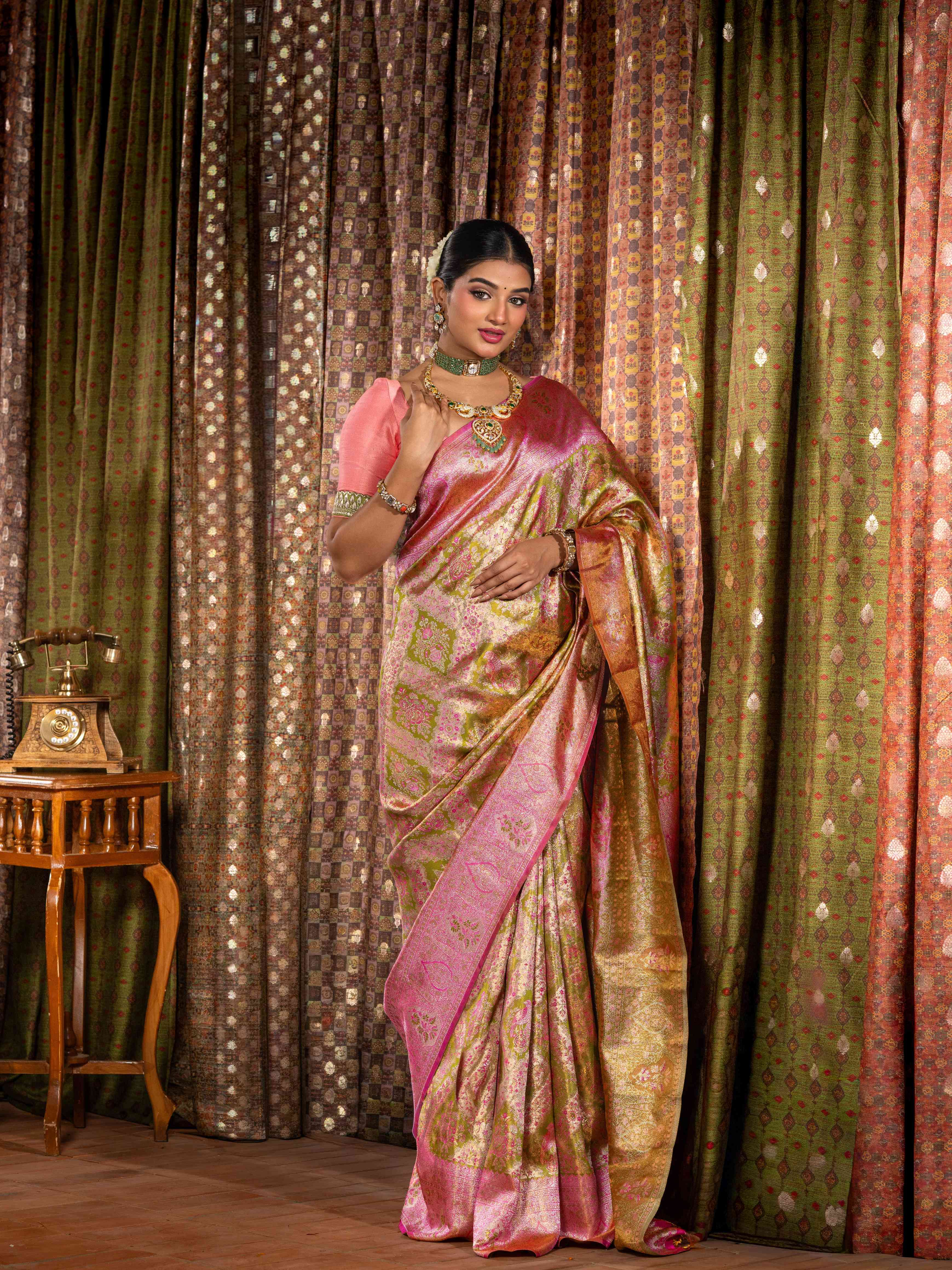 Exquisite Olive Green & Pink Tissue Kanjeevaram Silk Saree