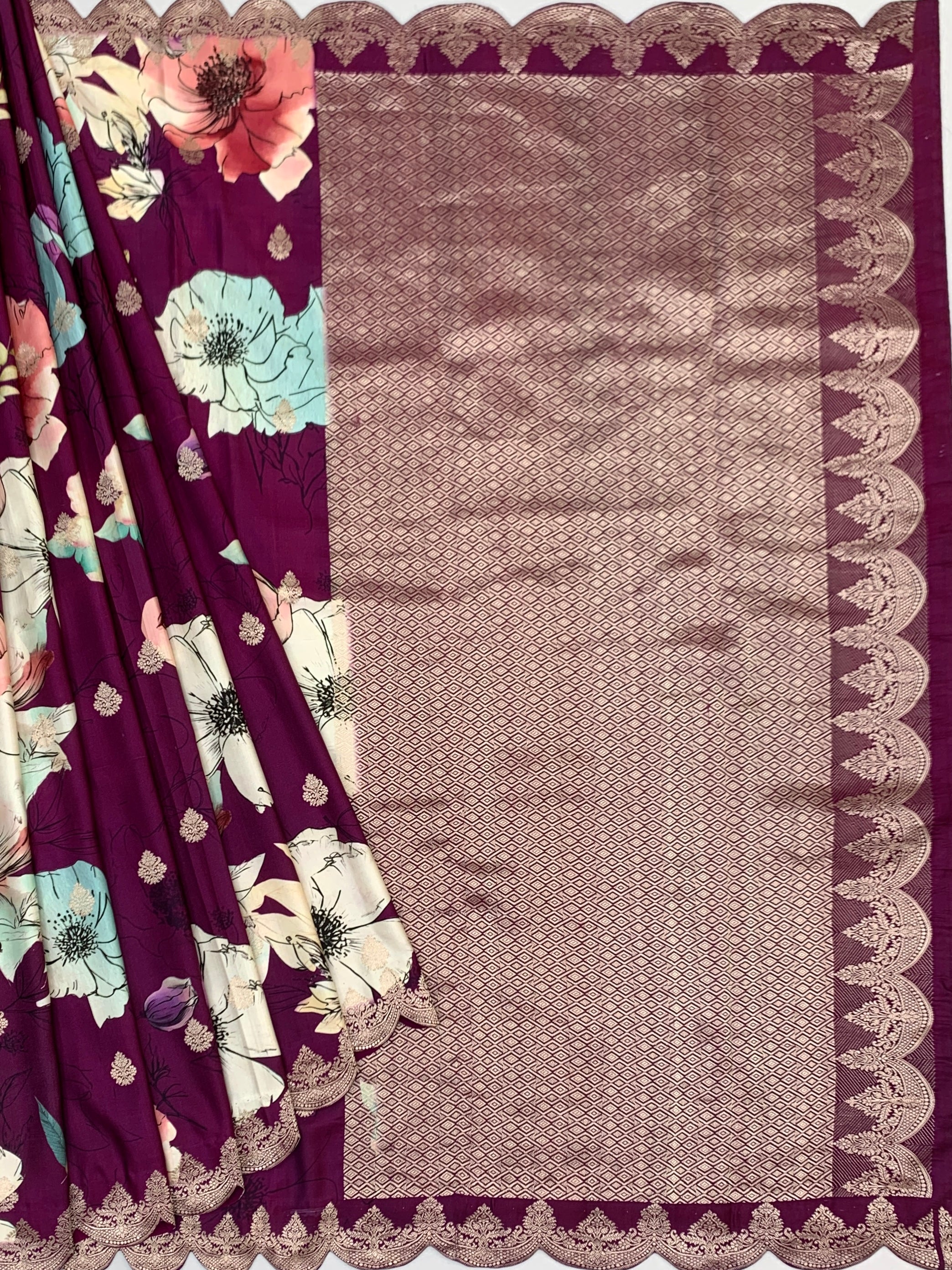 Exquisite Floral Printed Banarasi Mashru Silk Saree
