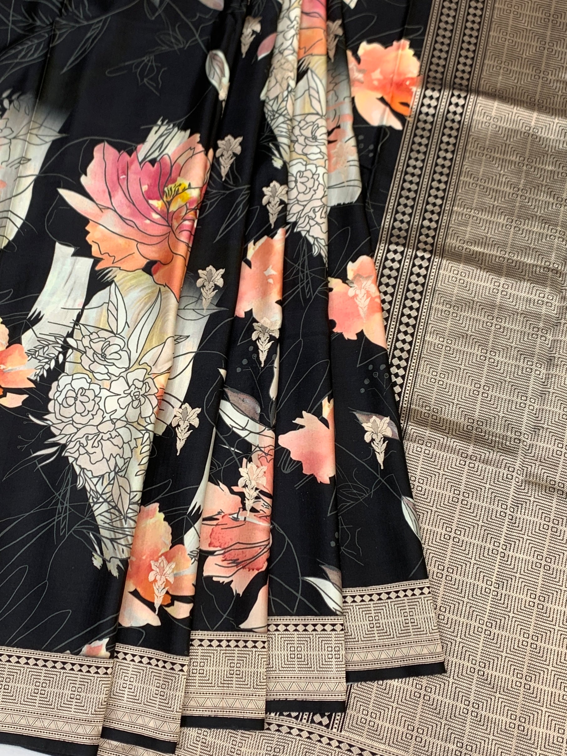 Midnight Noir Floral Fusion: Printed Banarasi Mashru Silk Saree