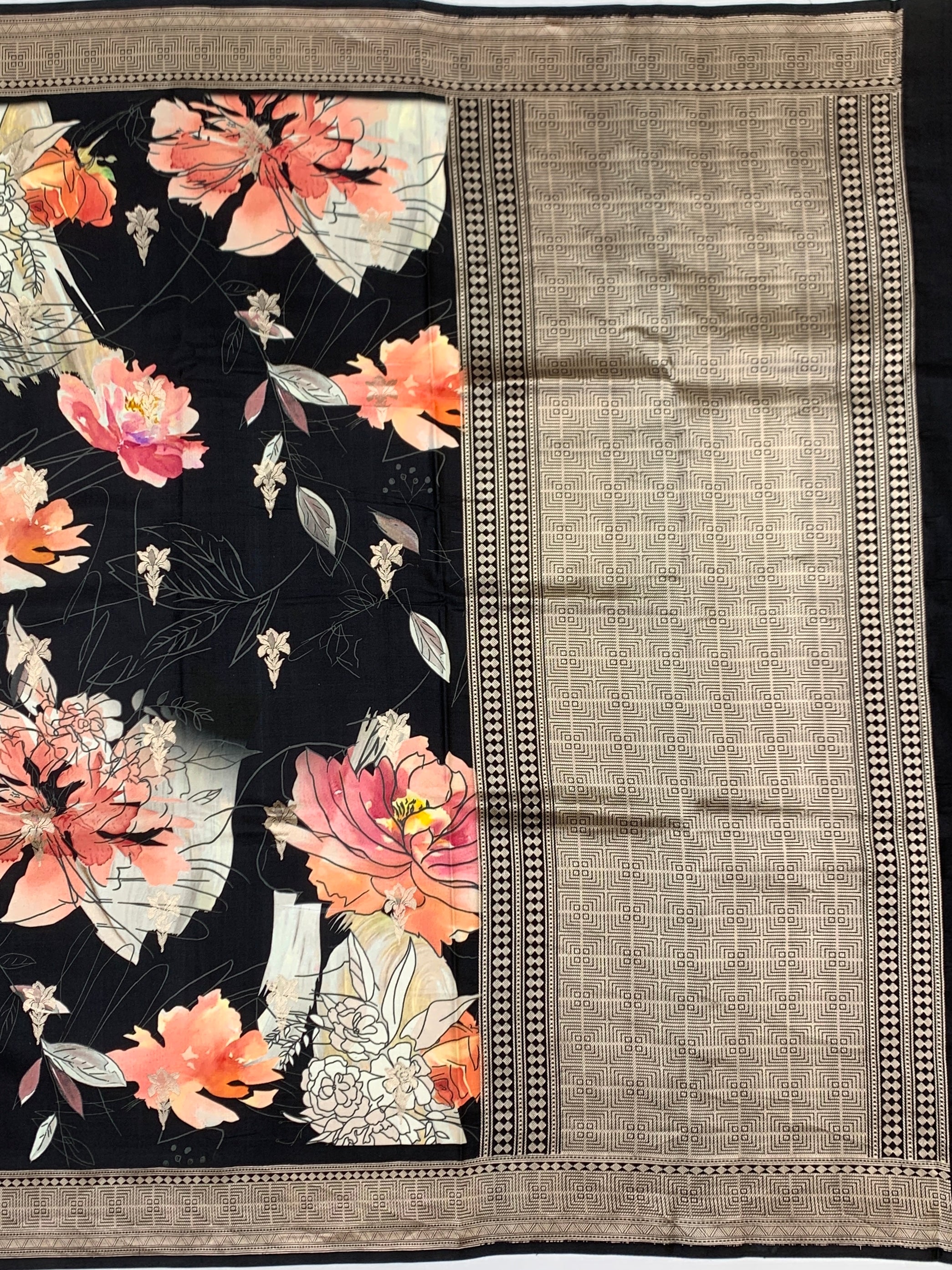 Midnight Noir Floral Fusion: Printed Banarasi Mashru Silk Saree
