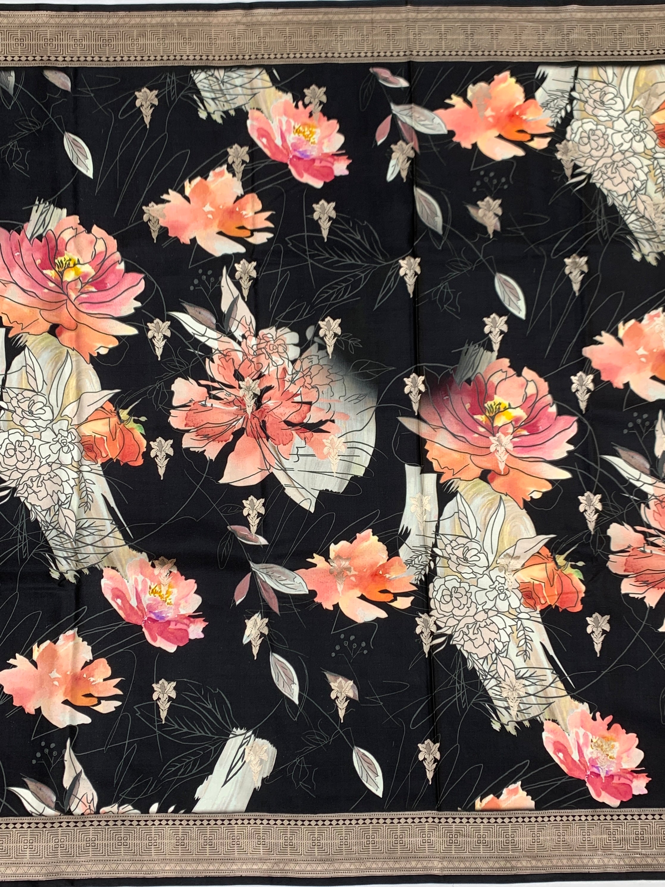 Midnight Noir Floral Fusion: Printed Banarasi Mashru Silk Saree