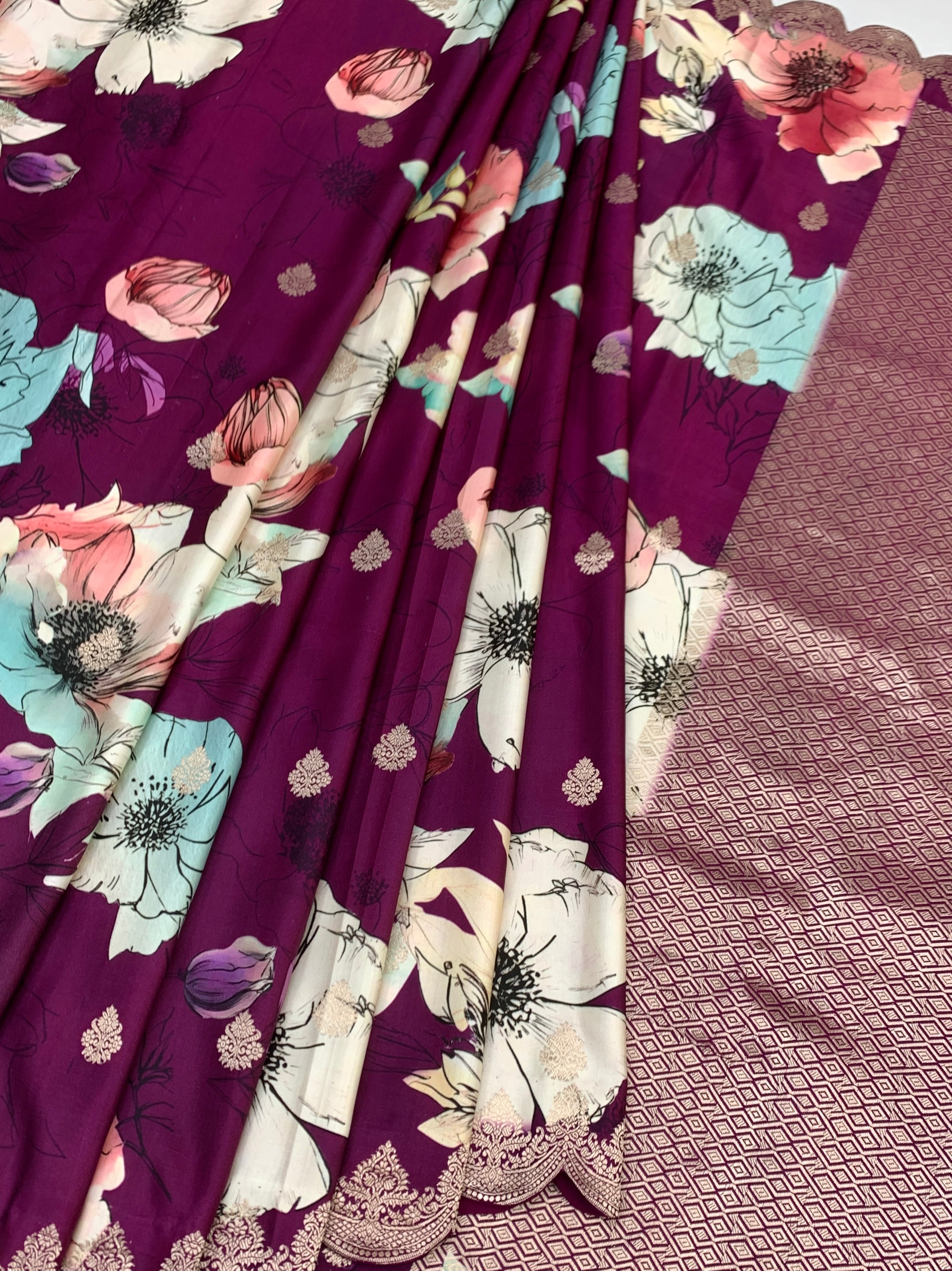 Exquisite Floral Printed Banarasi Mashru Silk Saree