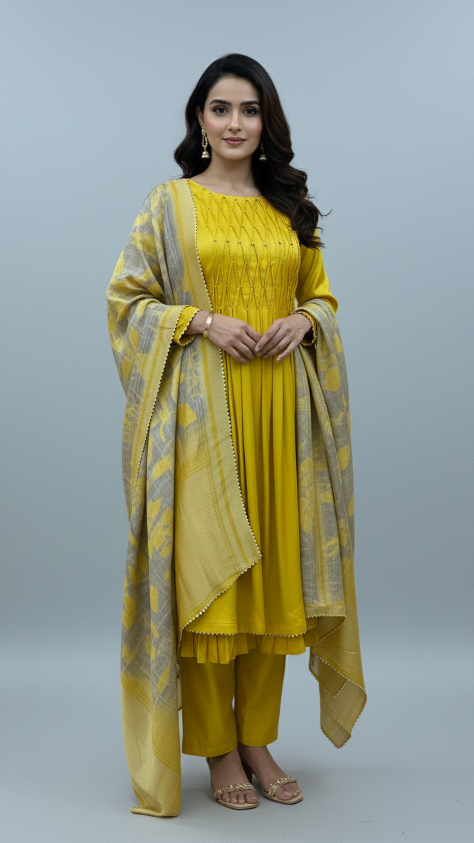 Mustard Embroidered Anarkali Set
