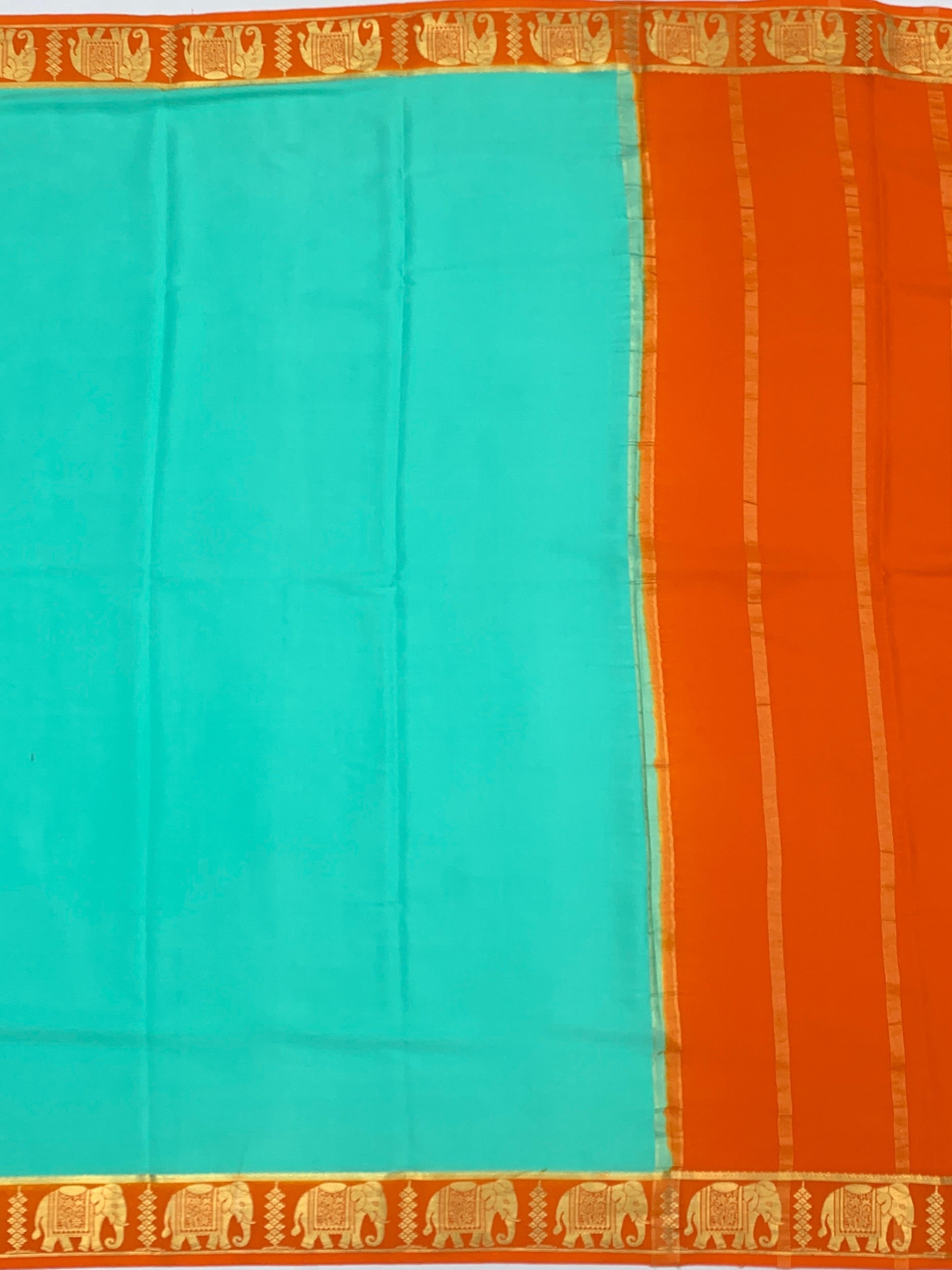 Exquisite Mysore Silk Saree – Vibrant Turquoise & Deep Amber Orange