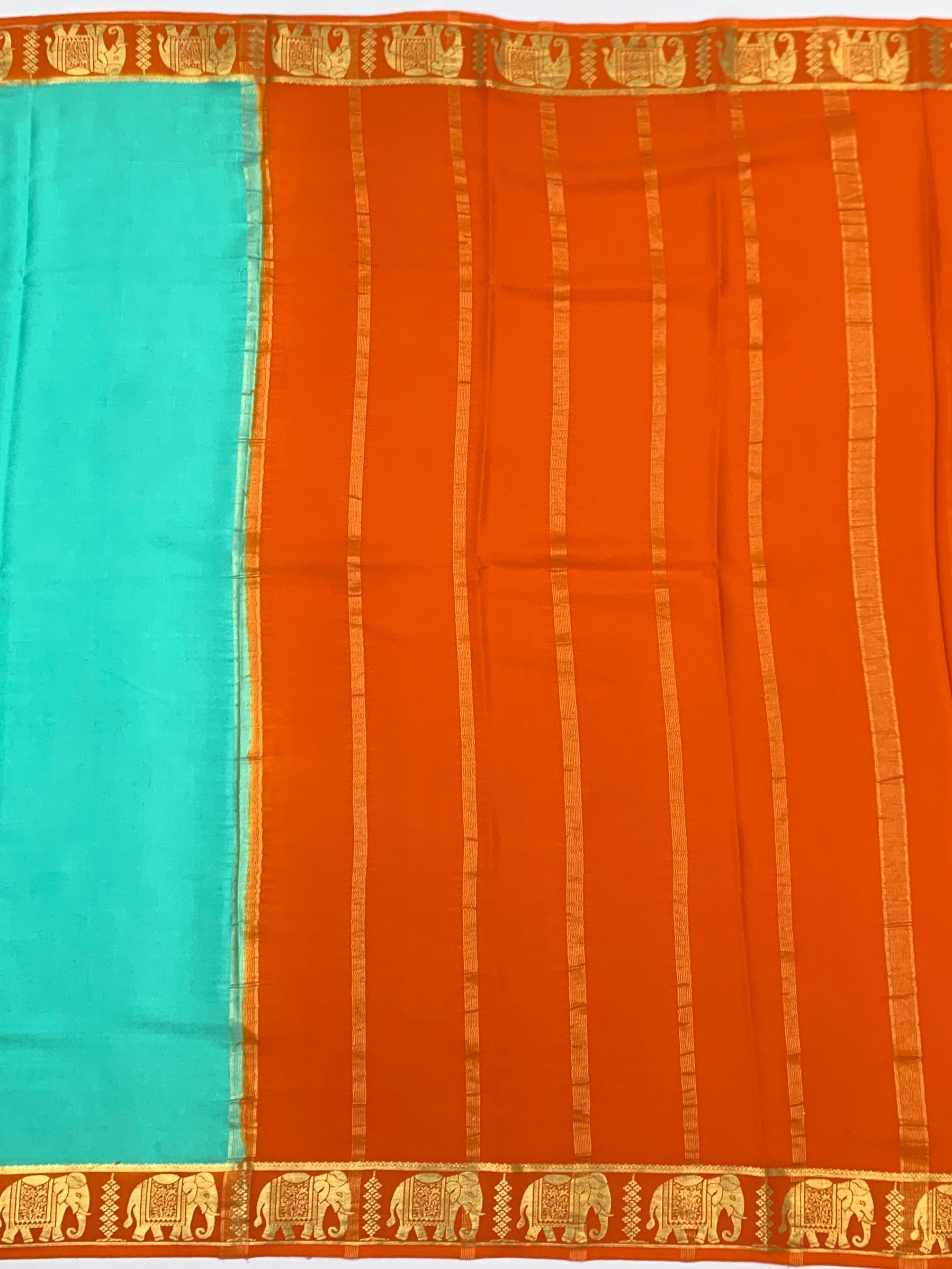 Exquisite Mysore Silk Saree – Vibrant Turquoise & Deep Amber Orange