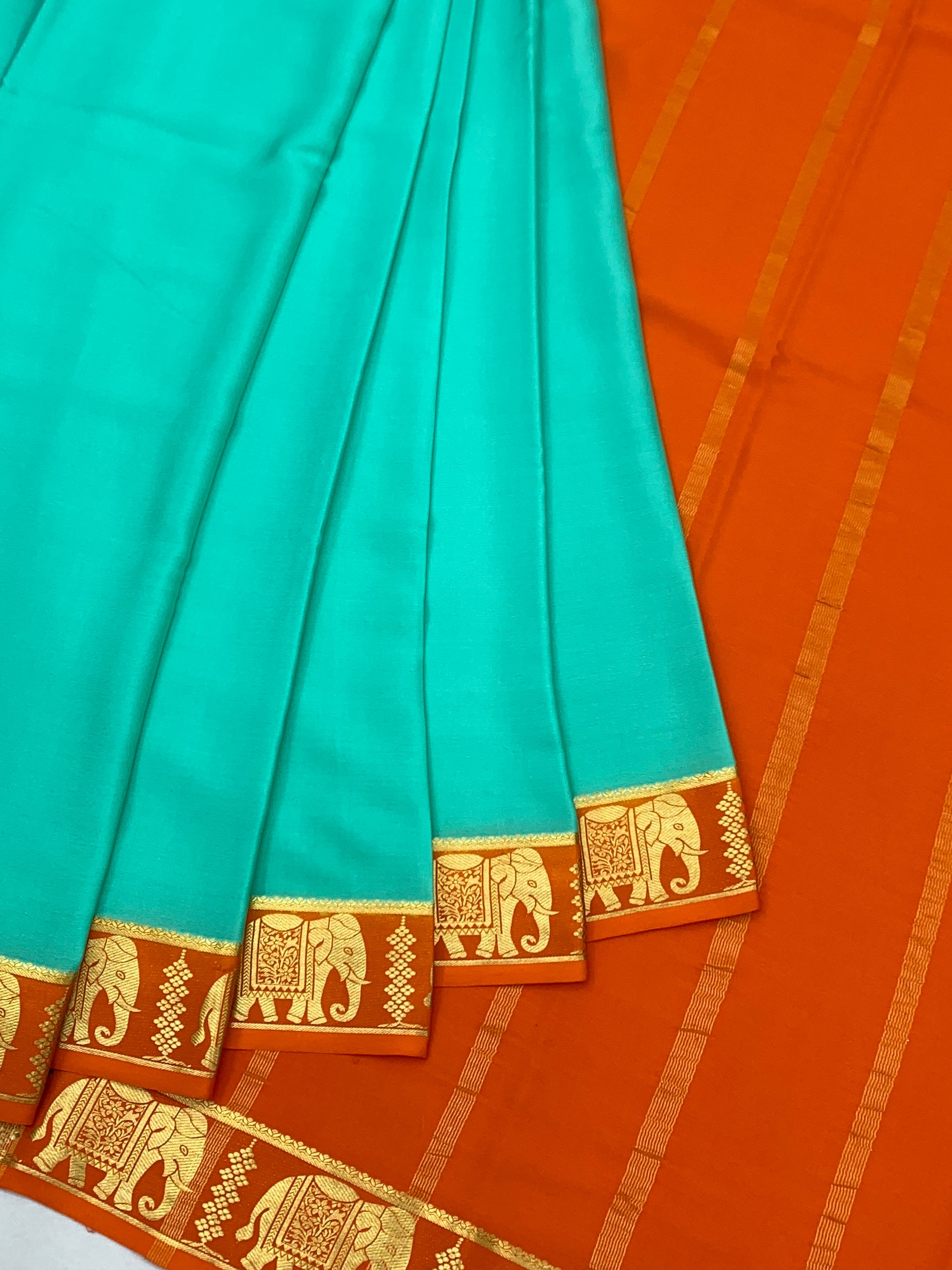 Exquisite Mysore Silk Saree – Vibrant Turquoise & Deep Amber Orange