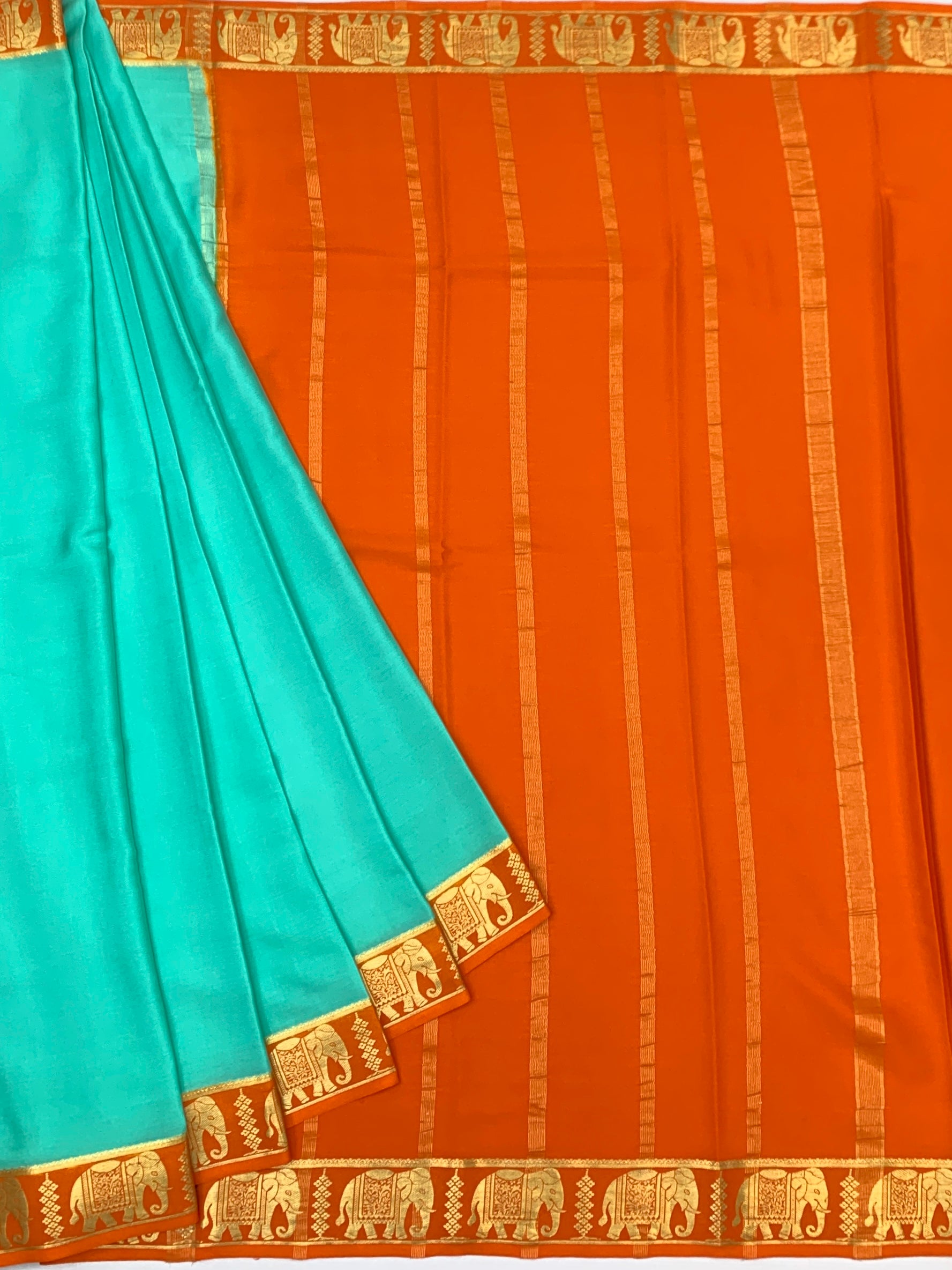 Exquisite Mysore Silk Saree – Vibrant Turquoise & Deep Amber Orange