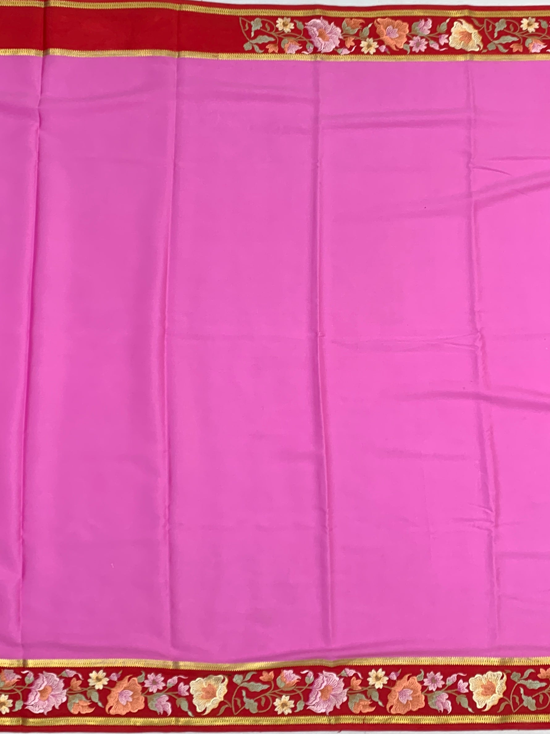 Exquisite Pink Mysore Silk Saree with Floral Embroidered Red Border