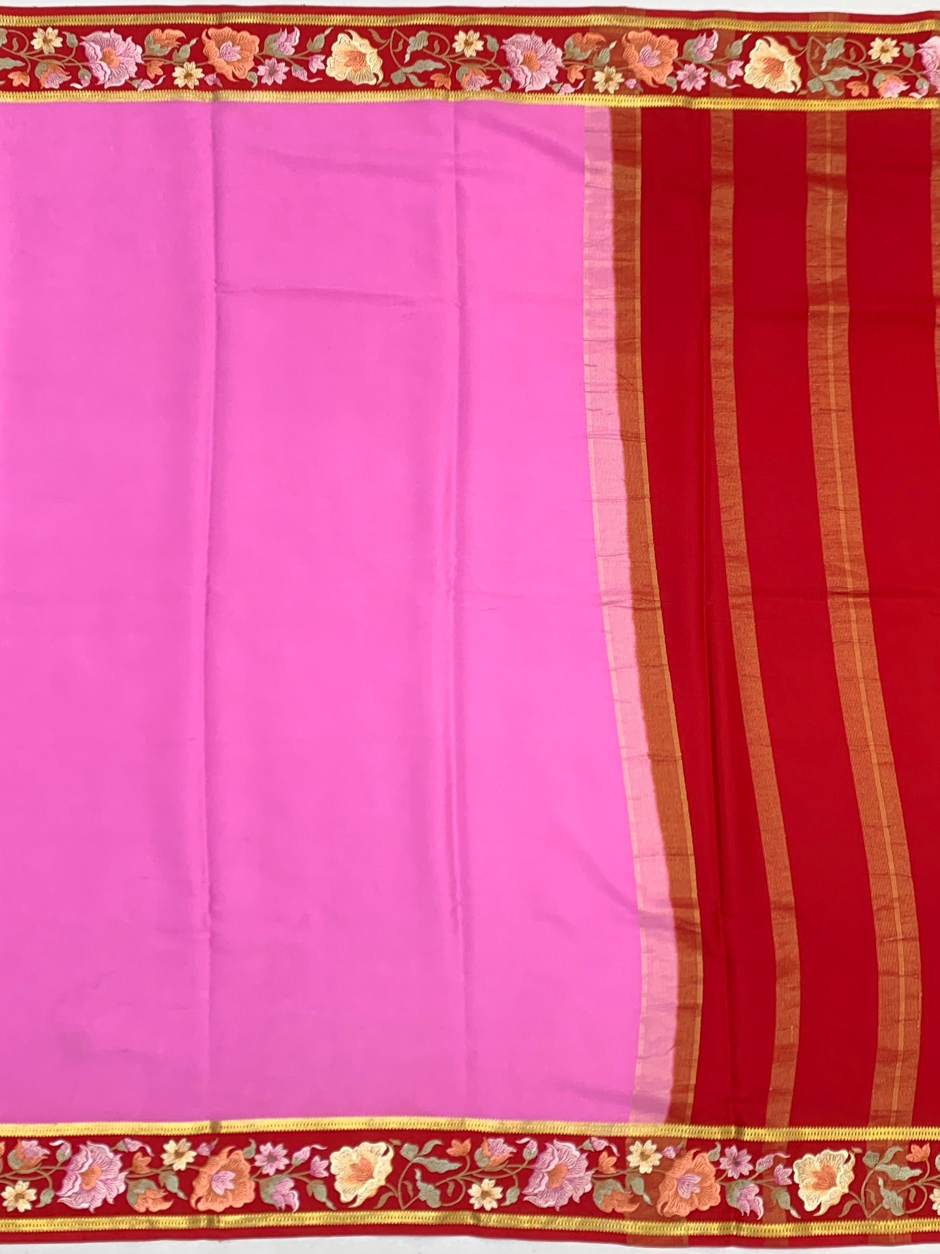 Exquisite Pink Mysore Silk Saree with Floral Embroidered Red Border