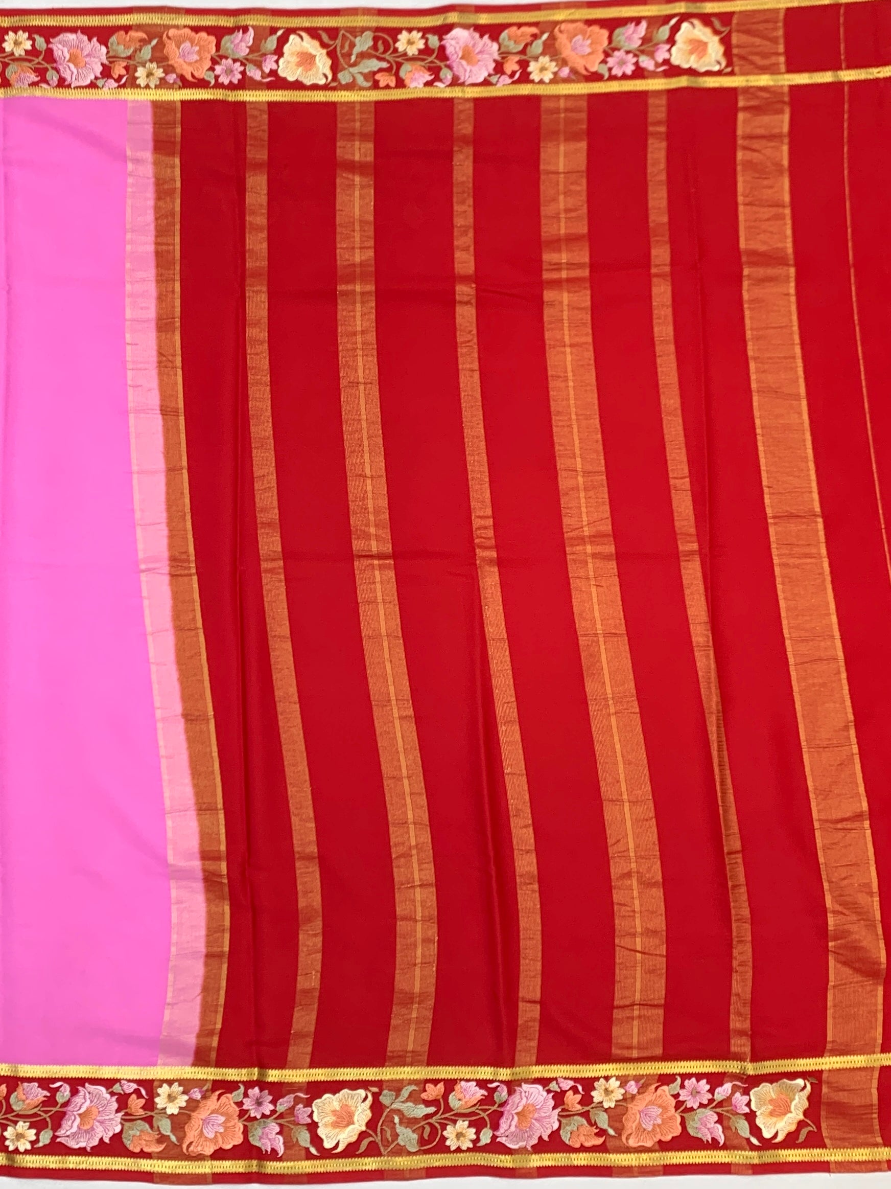 Exquisite Pink Mysore Silk Saree with Floral Embroidered Red Border