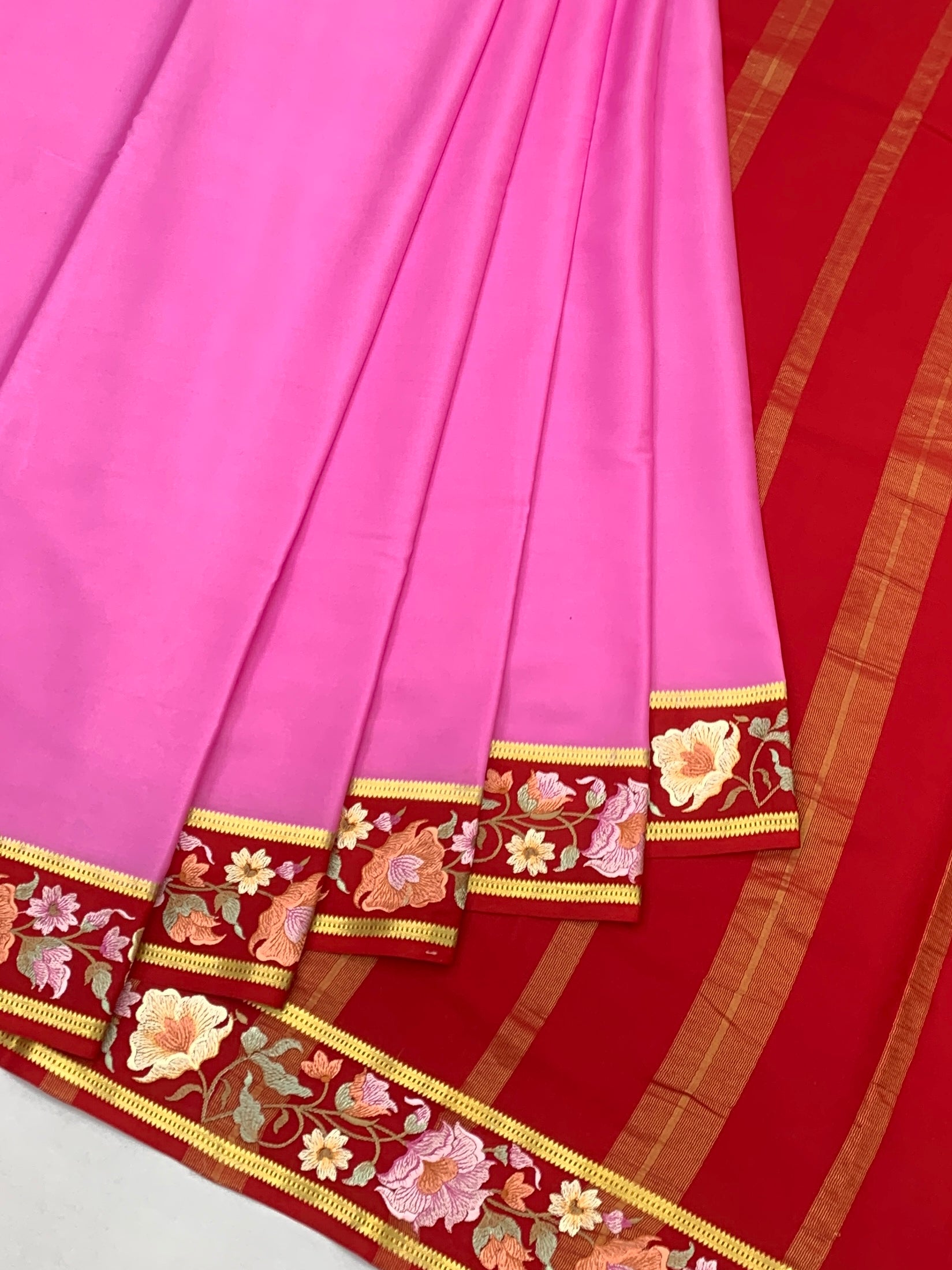 Exquisite Pink Mysore Silk Saree with Floral Embroidered Red Border