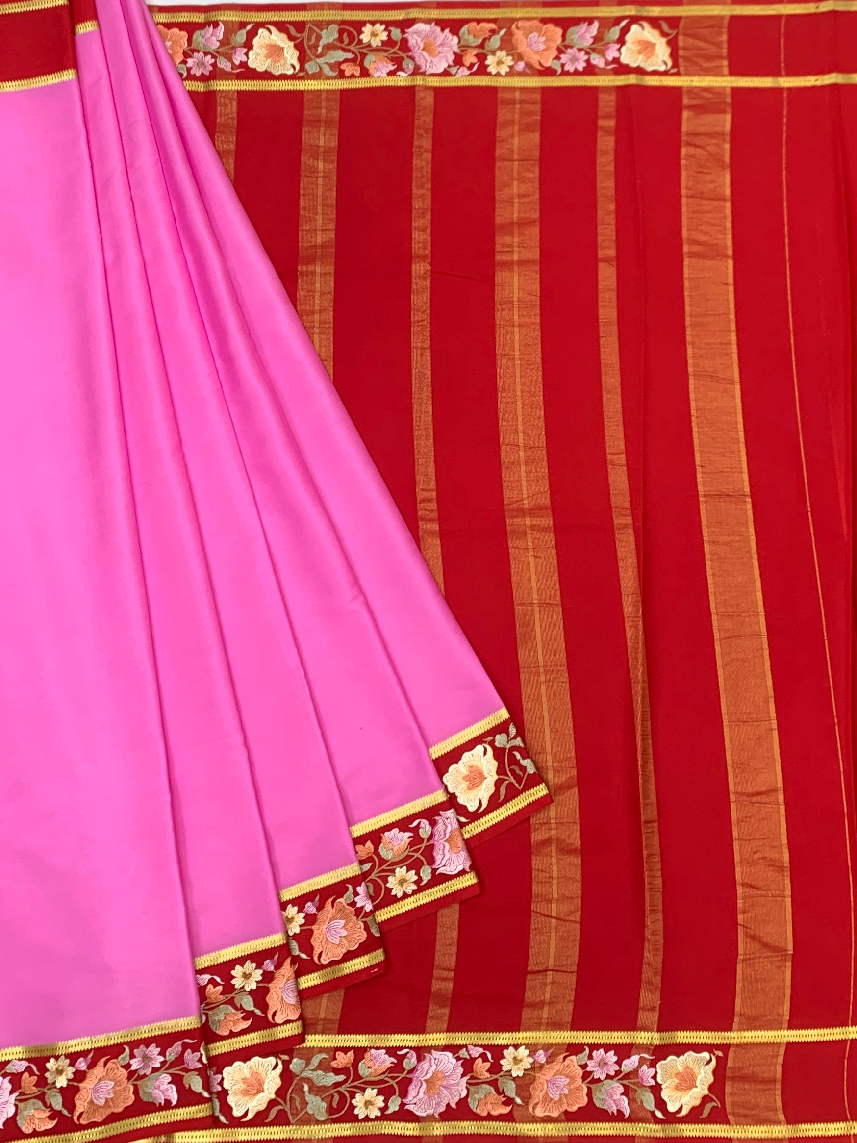 Exquisite Pink Mysore Silk Saree with Floral Embroidered Red Border