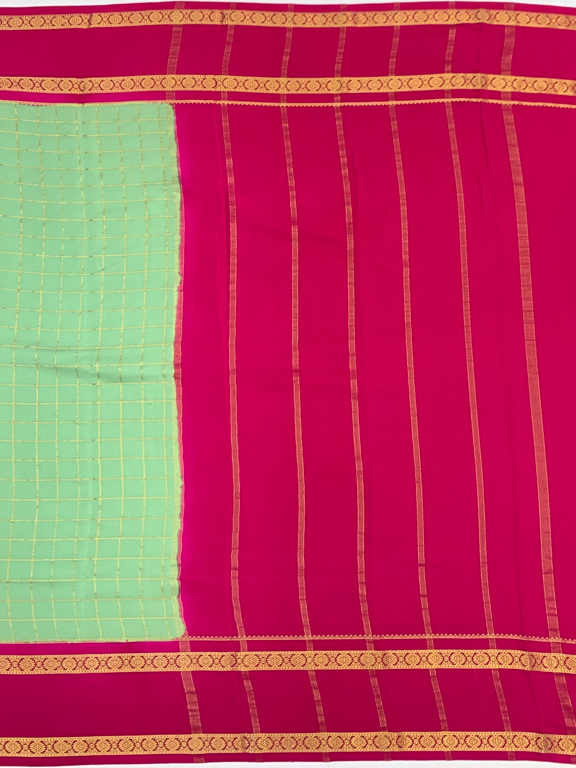 Mint Green & Hot Pink Checked Mysore Silk Saree