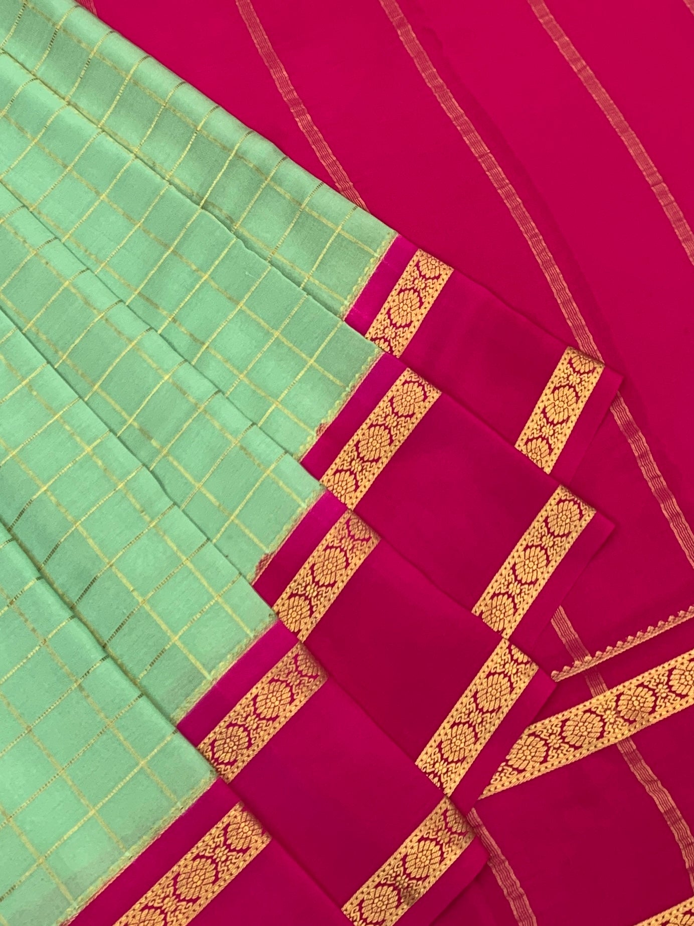 Mint Green & Hot Pink Checked Mysore Silk Saree