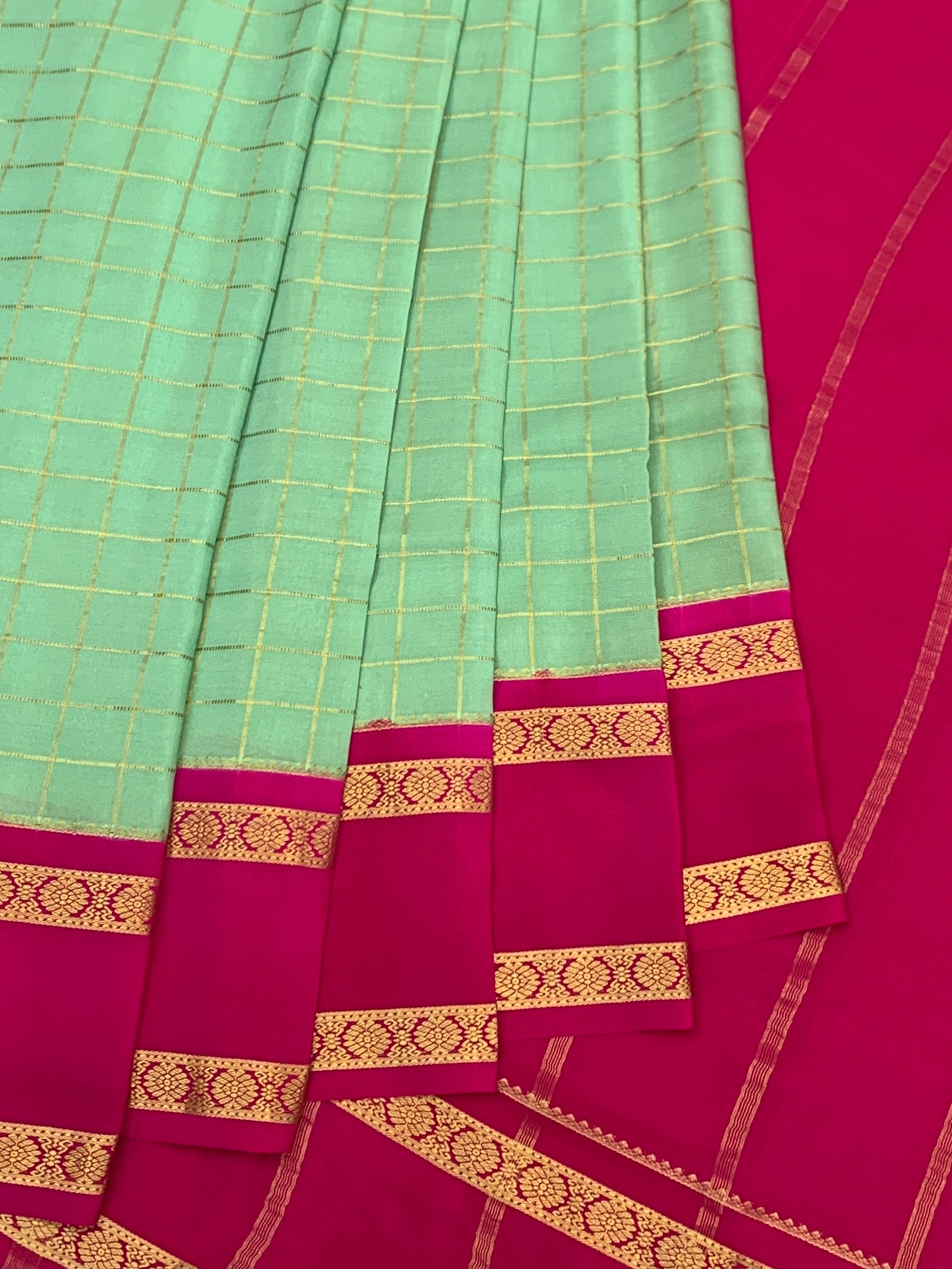 Mint Green & Hot Pink Checked Mysore Silk Saree