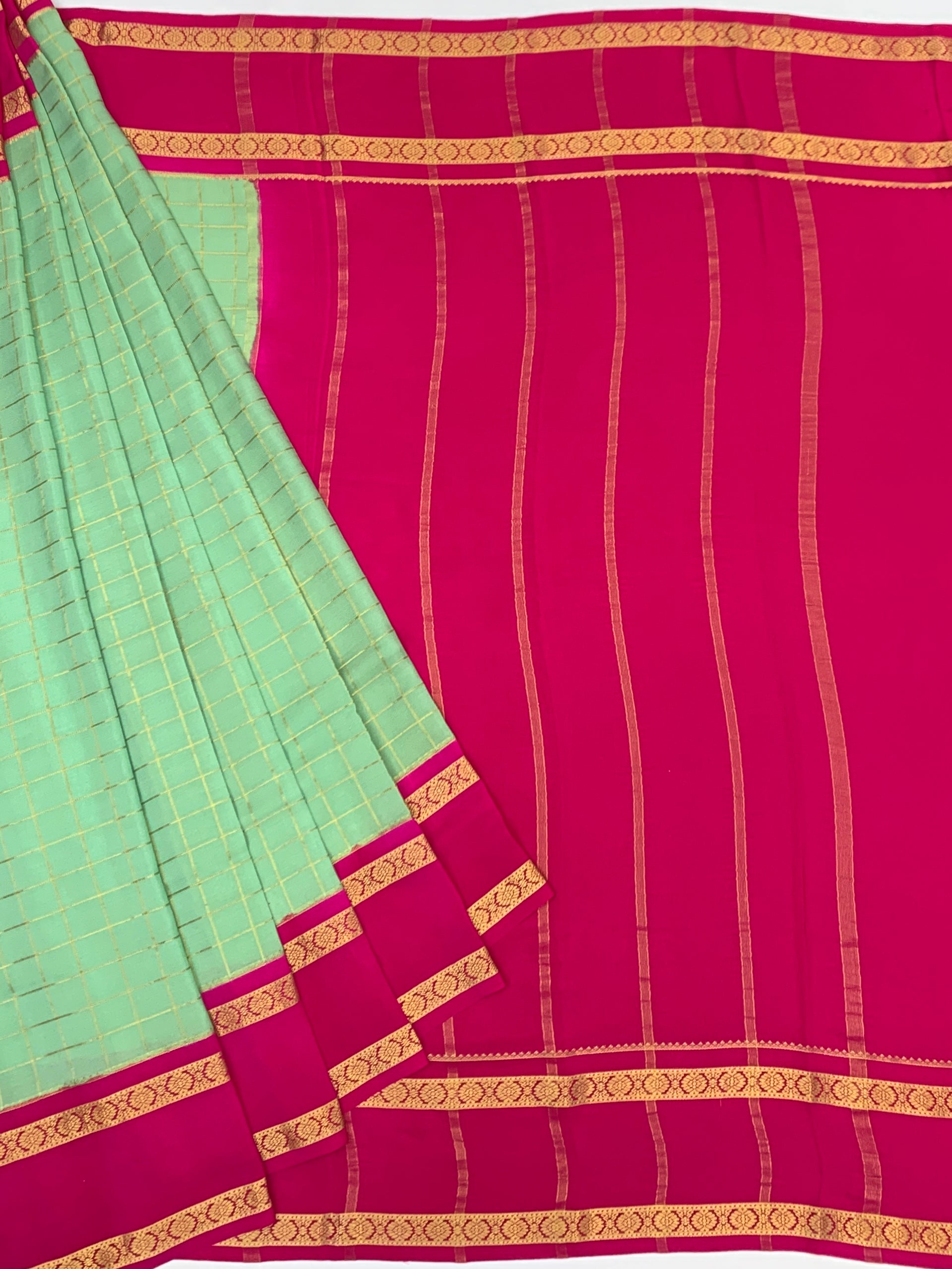 Mint Green & Hot Pink Checked Mysore Silk Saree