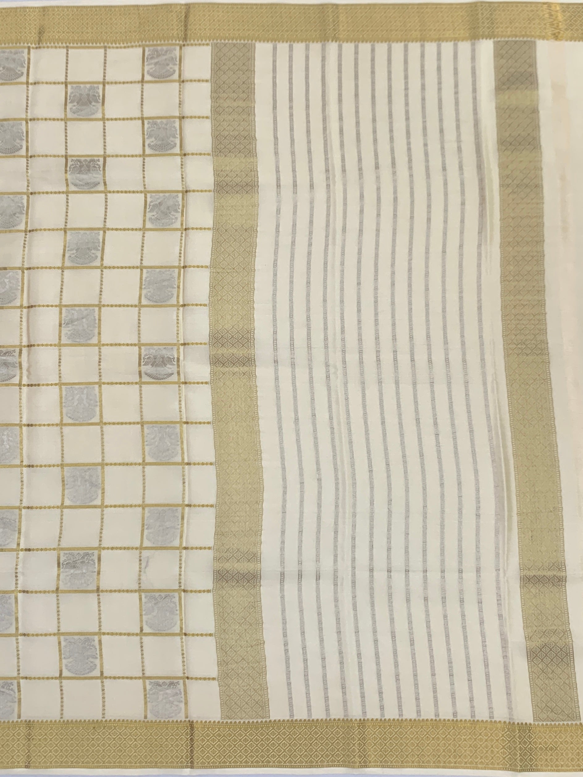 Pure Mysore Silk Saree – Ivory Elegance with Gold Zari Checks