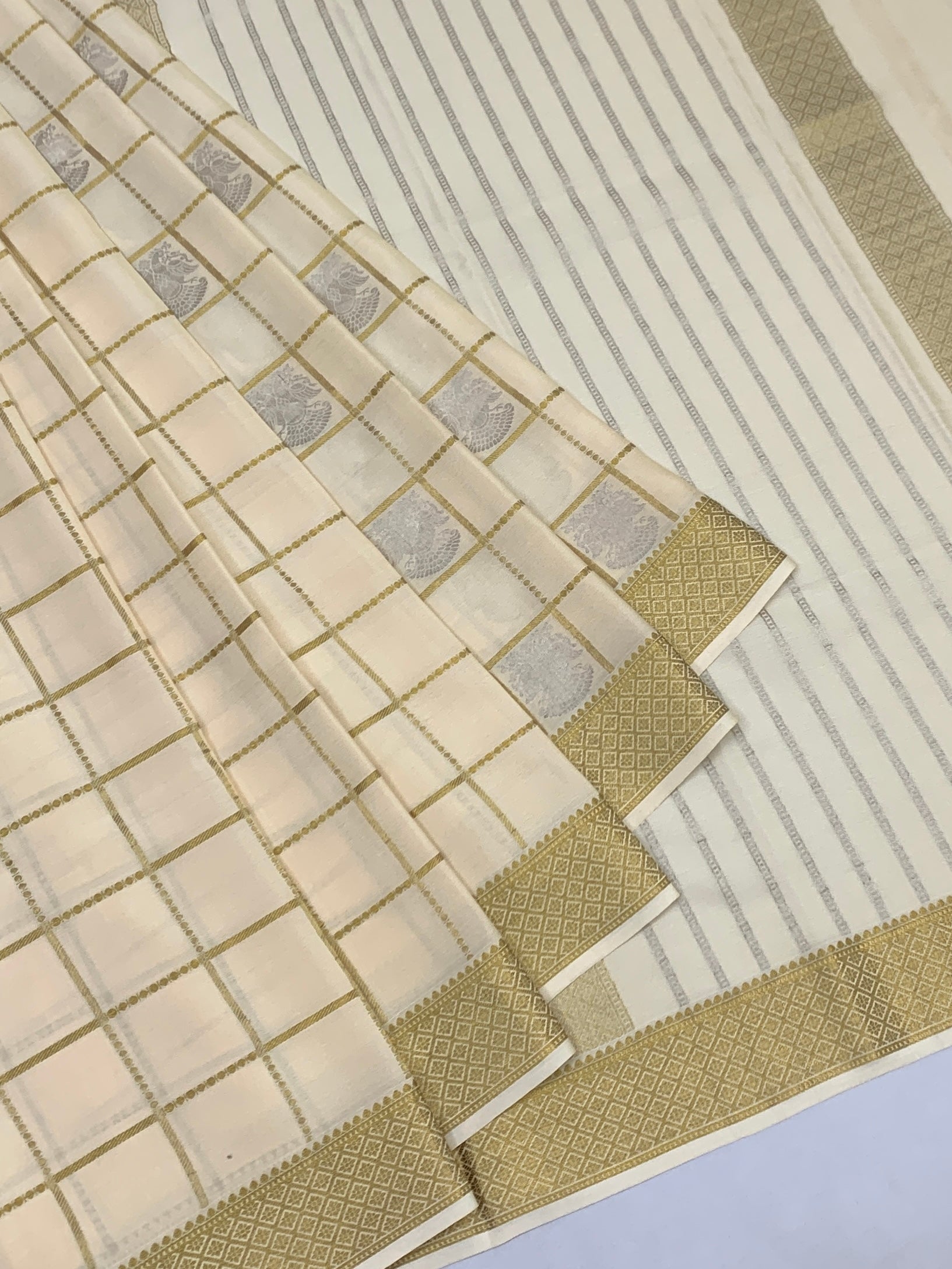 Pure Mysore Silk Saree – Ivory Elegance with Gold Zari Checks