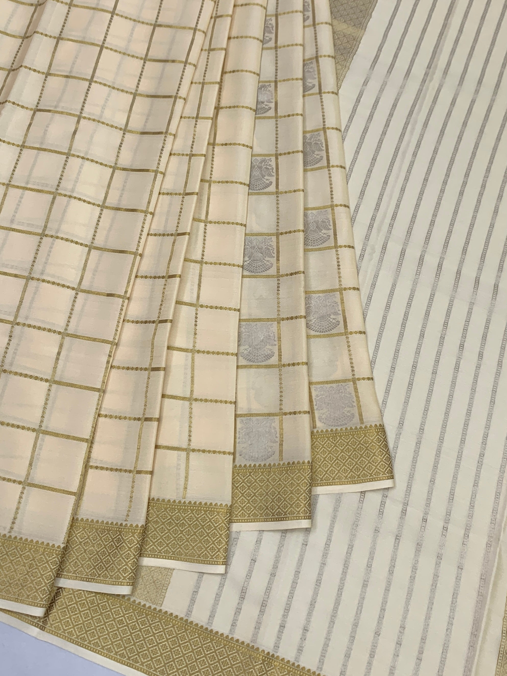 Pure Mysore Silk Saree – Ivory Elegance with Gold Zari Checks