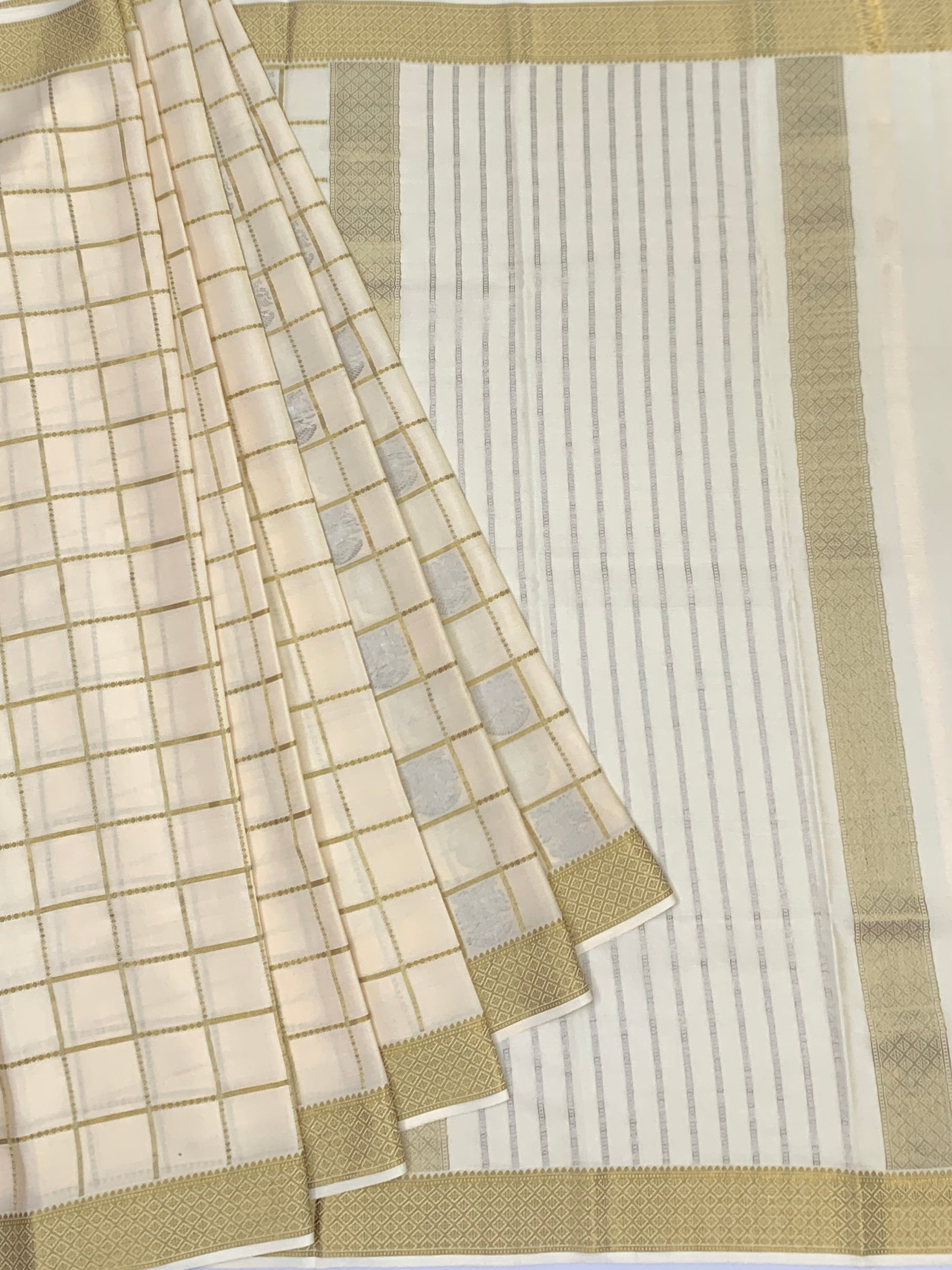 Pure Mysore Silk Saree – Ivory Elegance with Gold Zari Checks