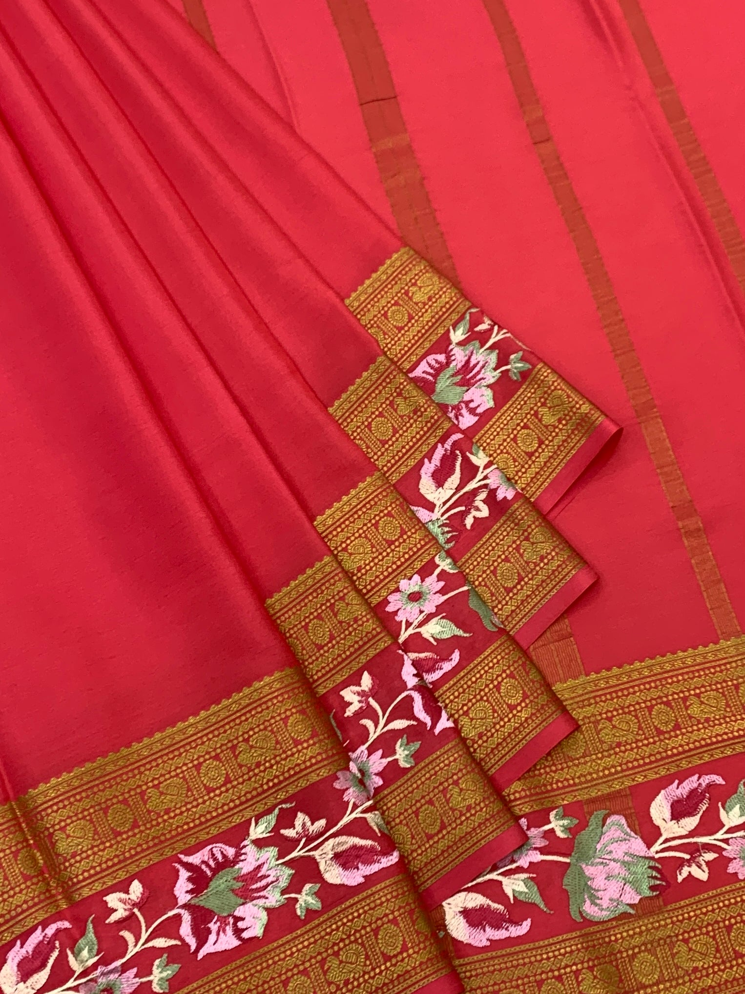 Mysore Silk Embroidery Saree – Salmon Pink & Antique Gold