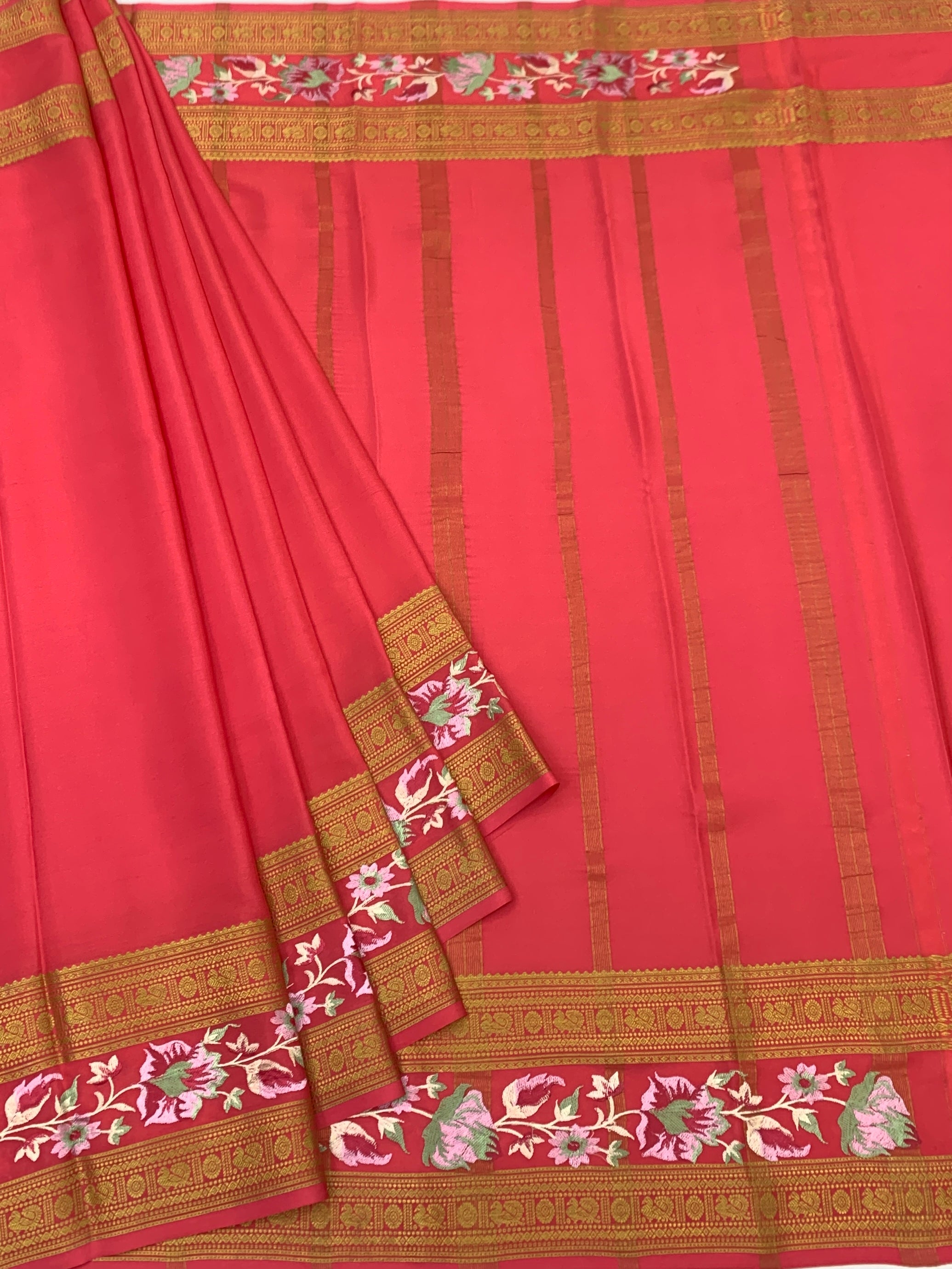 Mysore Silk Embroidery Saree – Salmon Pink & Antique Gold
