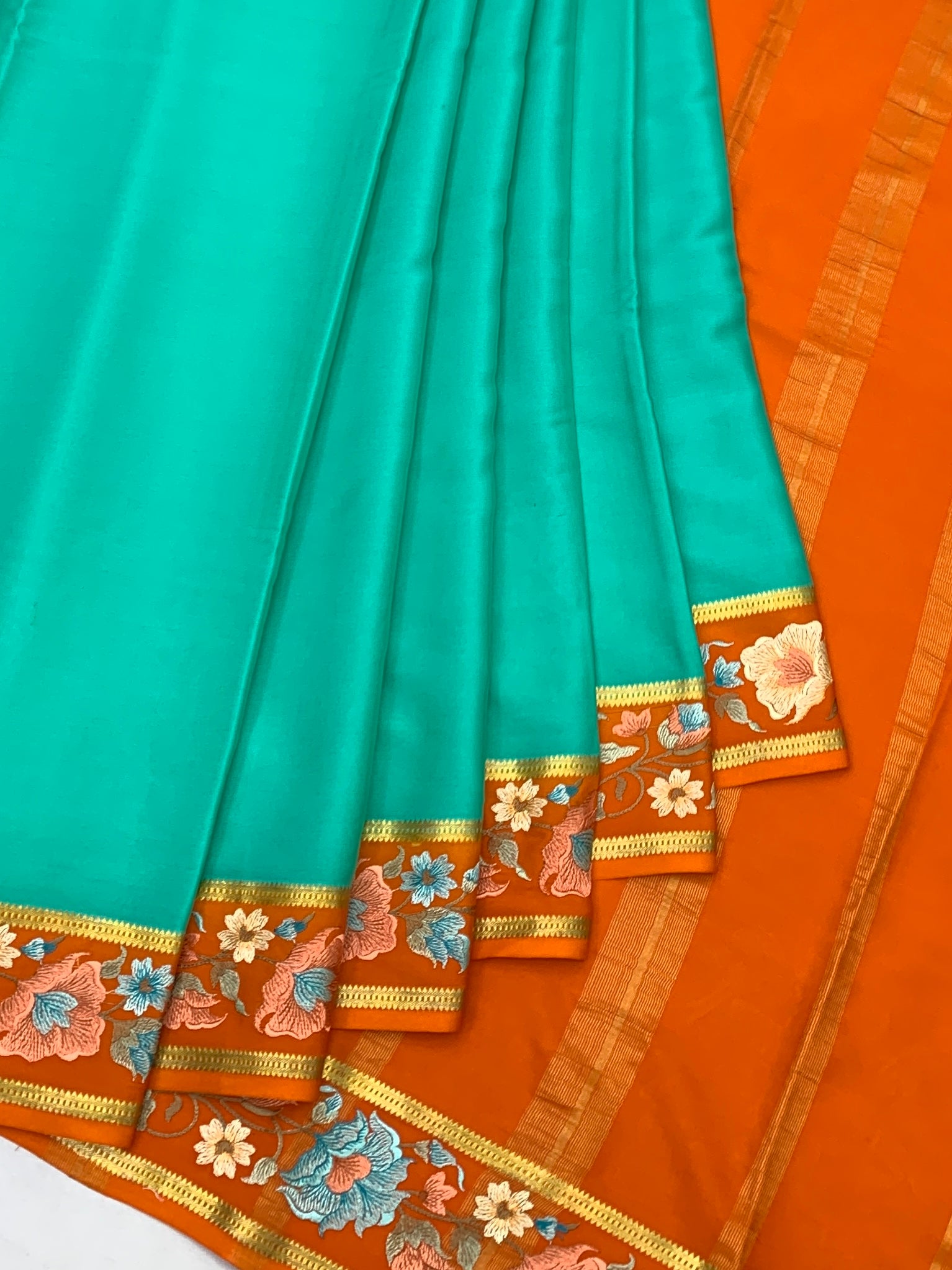 Exquisite Mysore Silk Saree with Floral Embroidery