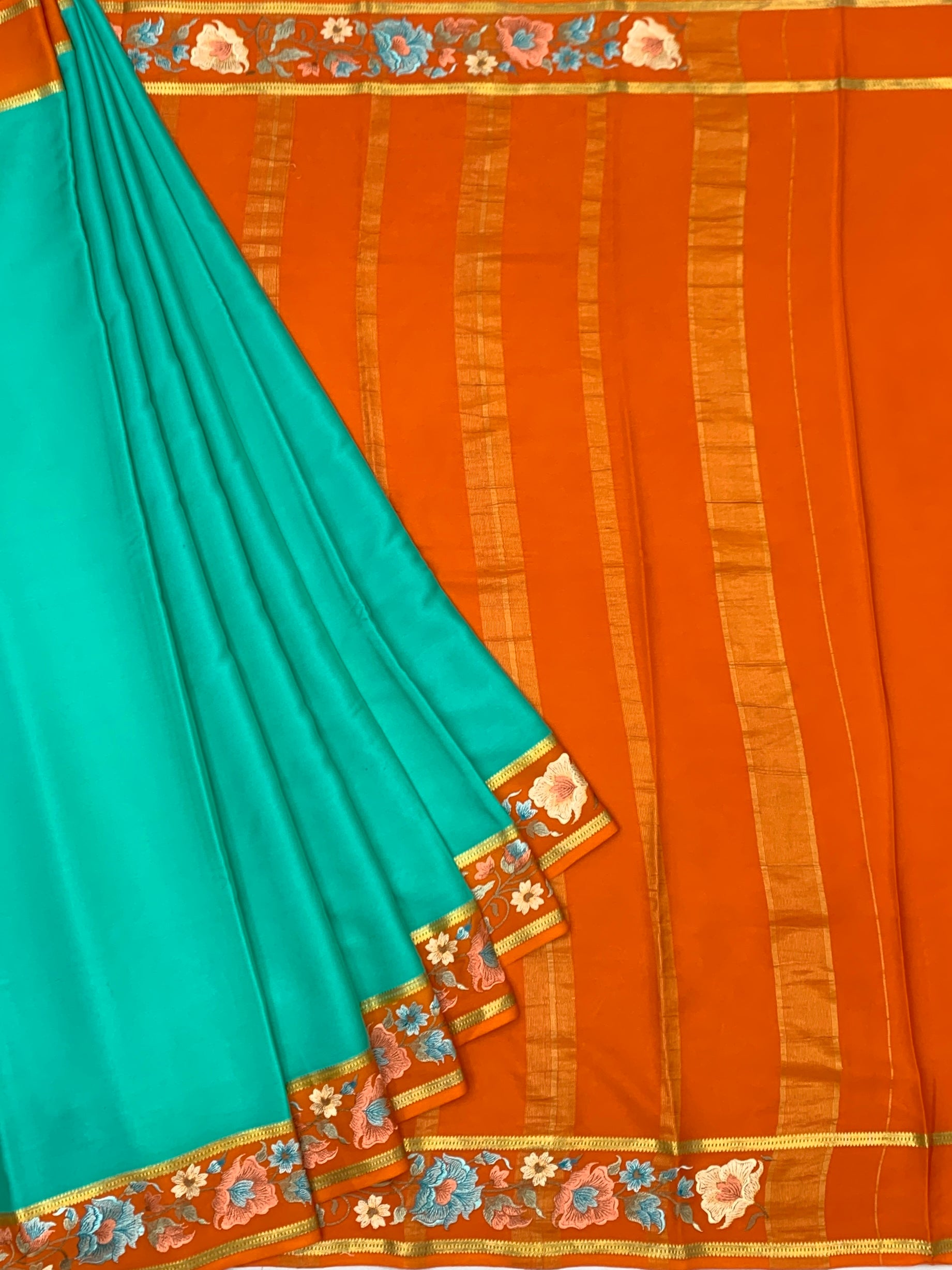 Exquisite Mysore Silk Saree with Floral Embroidery