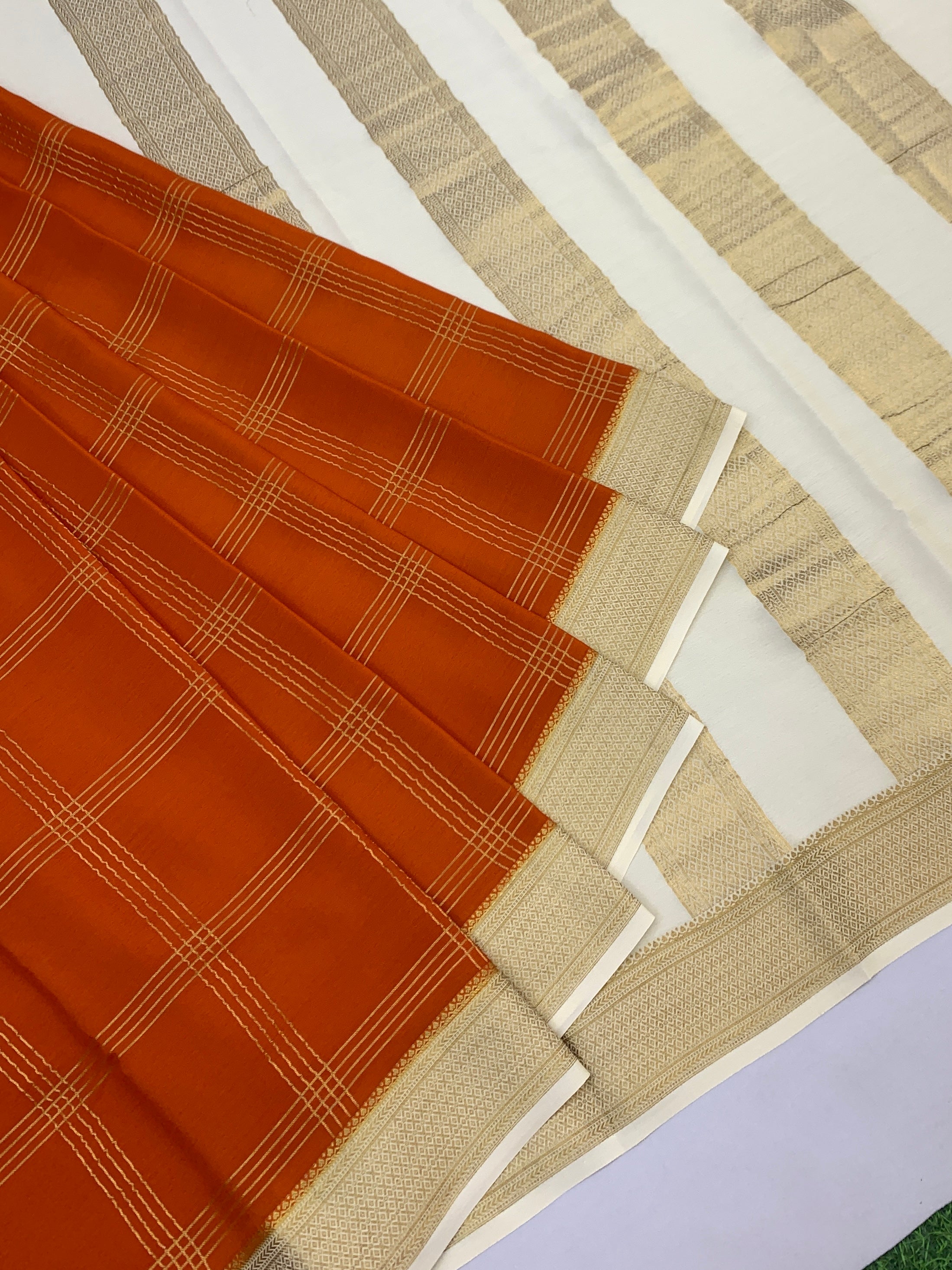 Exquisite Mysore Silk Saree in Burnt Orange & Ivory Cream