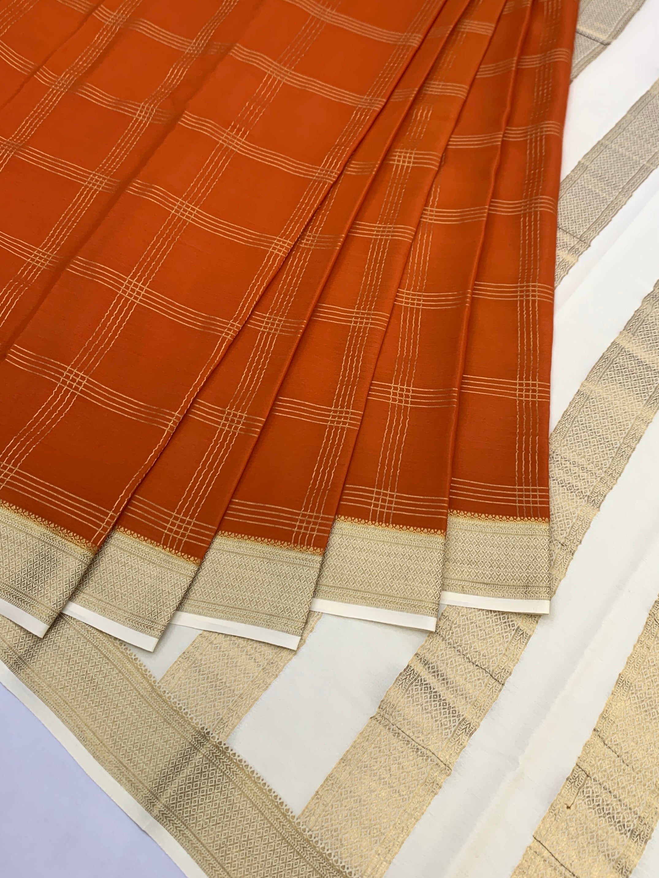 Exquisite Mysore Silk Saree in Burnt Orange & Ivory Cream