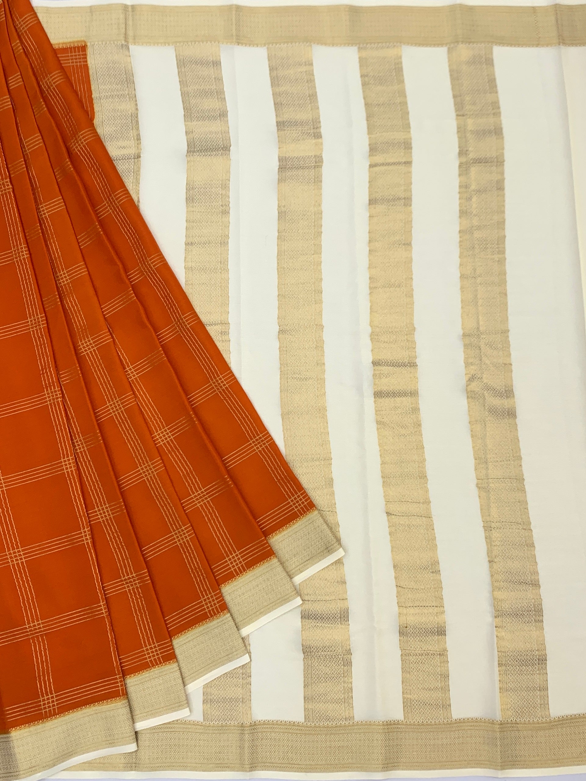 Exquisite Mysore Silk Saree in Burnt Orange & Ivory Cream