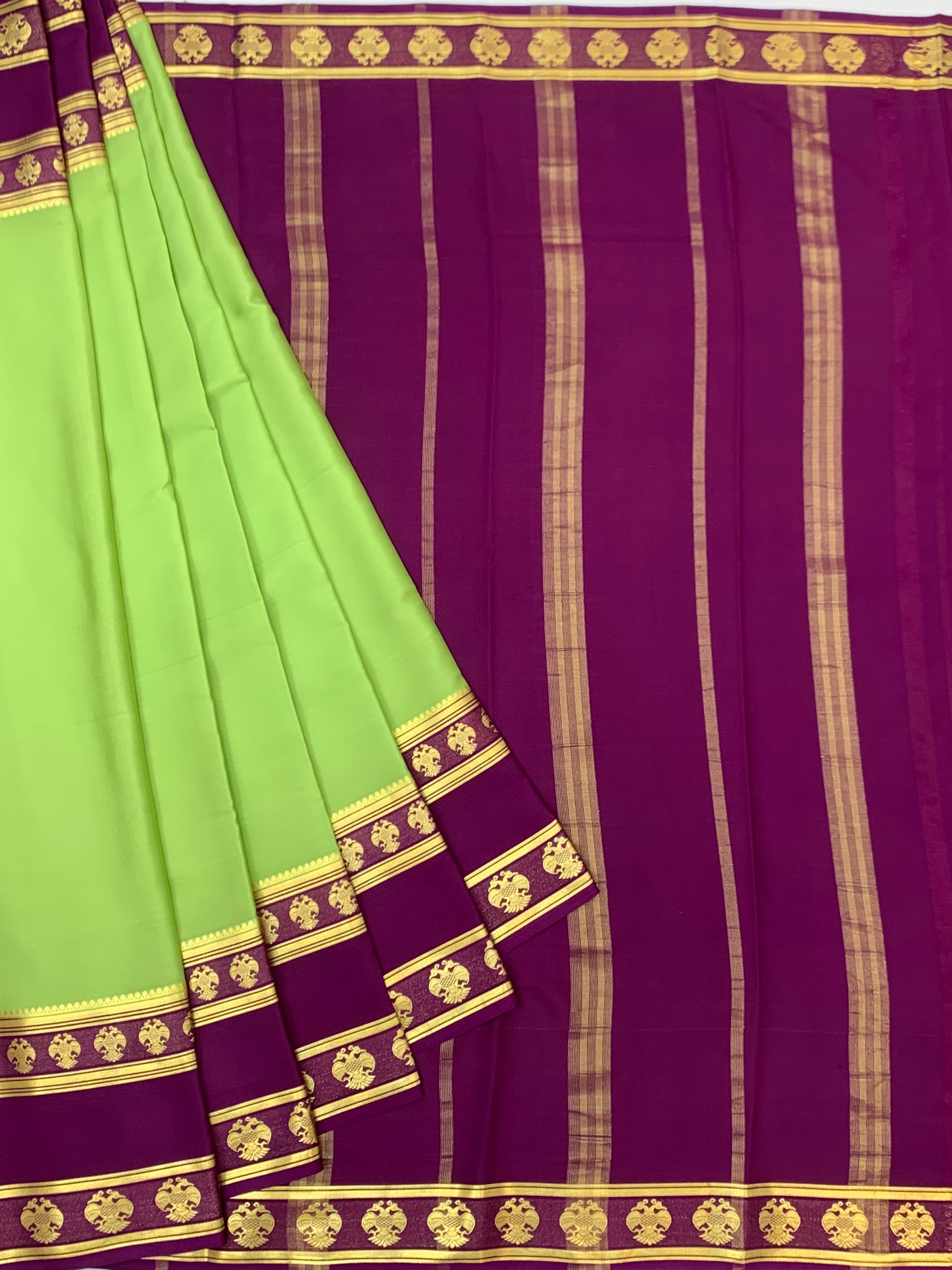 Vibrant Light Green & Deep Purple Mysore Silk Saree