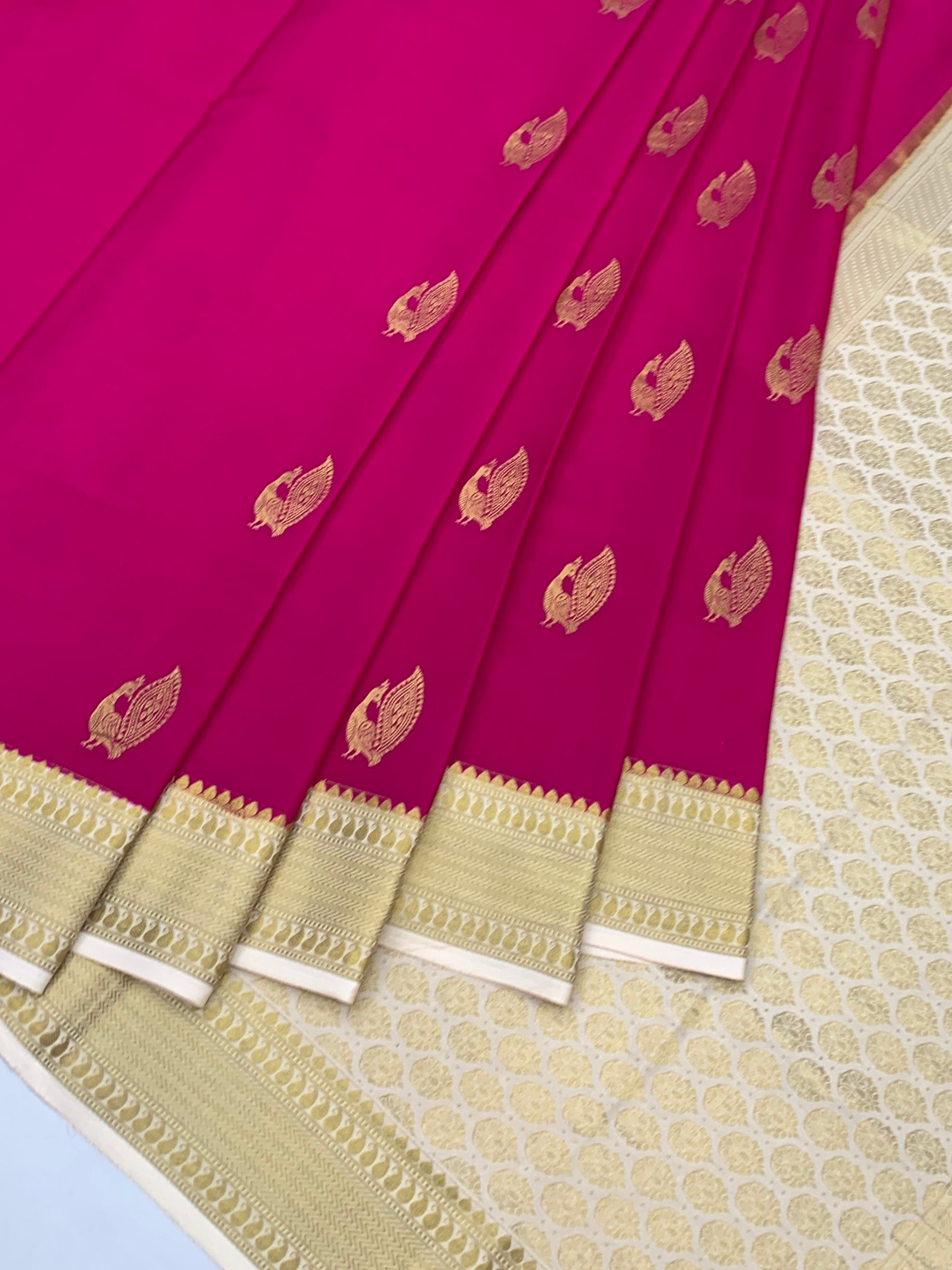 Pink Mysore Silk Saree with Contrast Ivory Zari Pallu