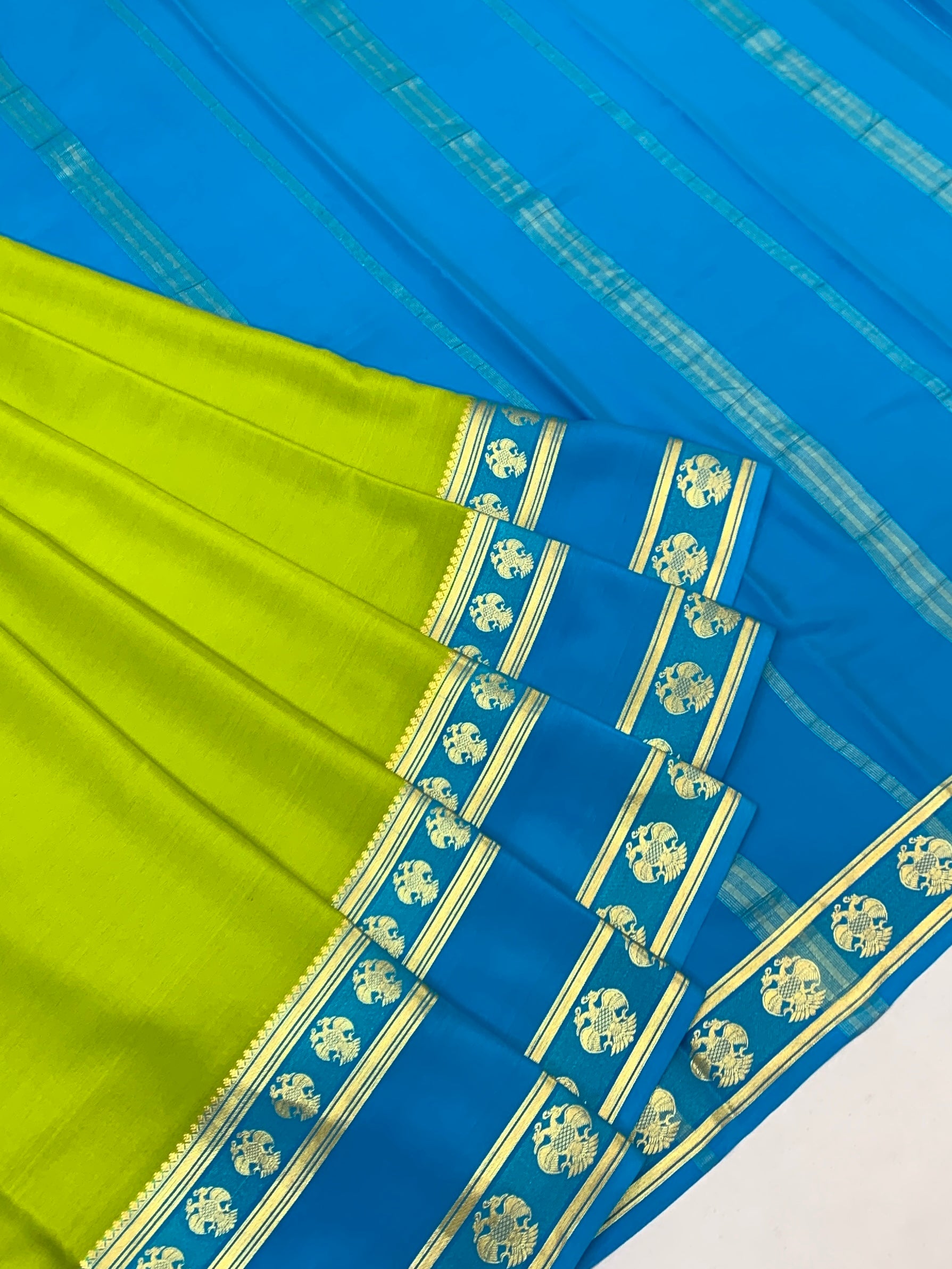 Royal Finesse: Lime Green & Electric Blue Kanjivaram Mysore Silk Saree