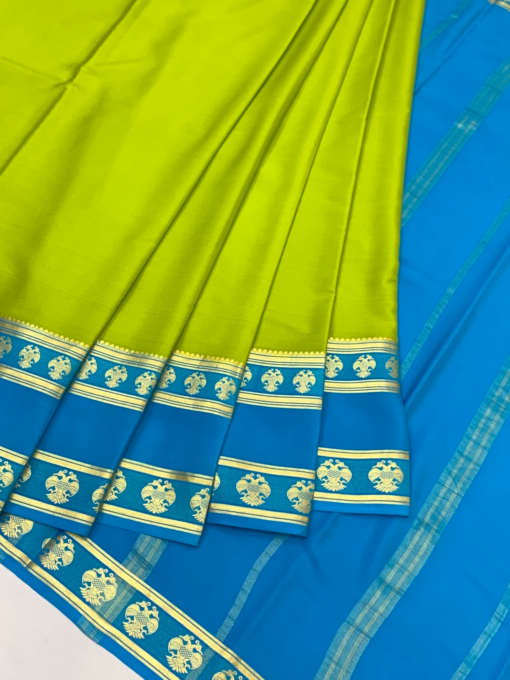 Royal Finesse: Lime Green & Electric Blue Kanjivaram Mysore Silk Saree